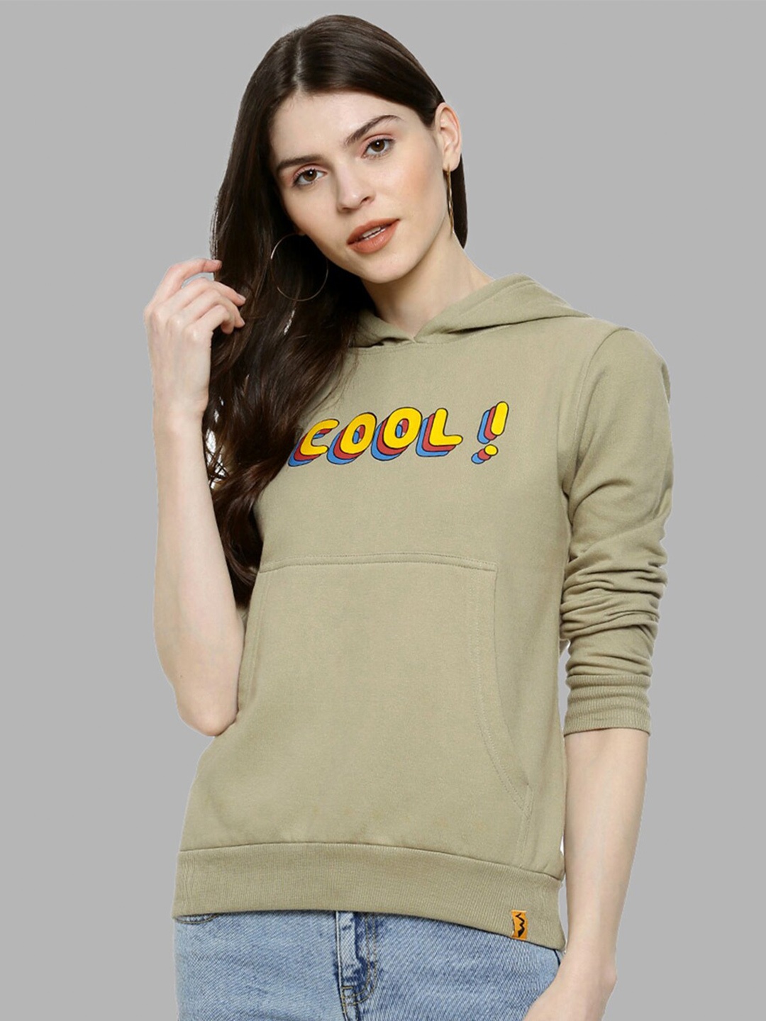 

Campus Sutra Women Olive Green Printed Hooded Pullover Sweatshirt