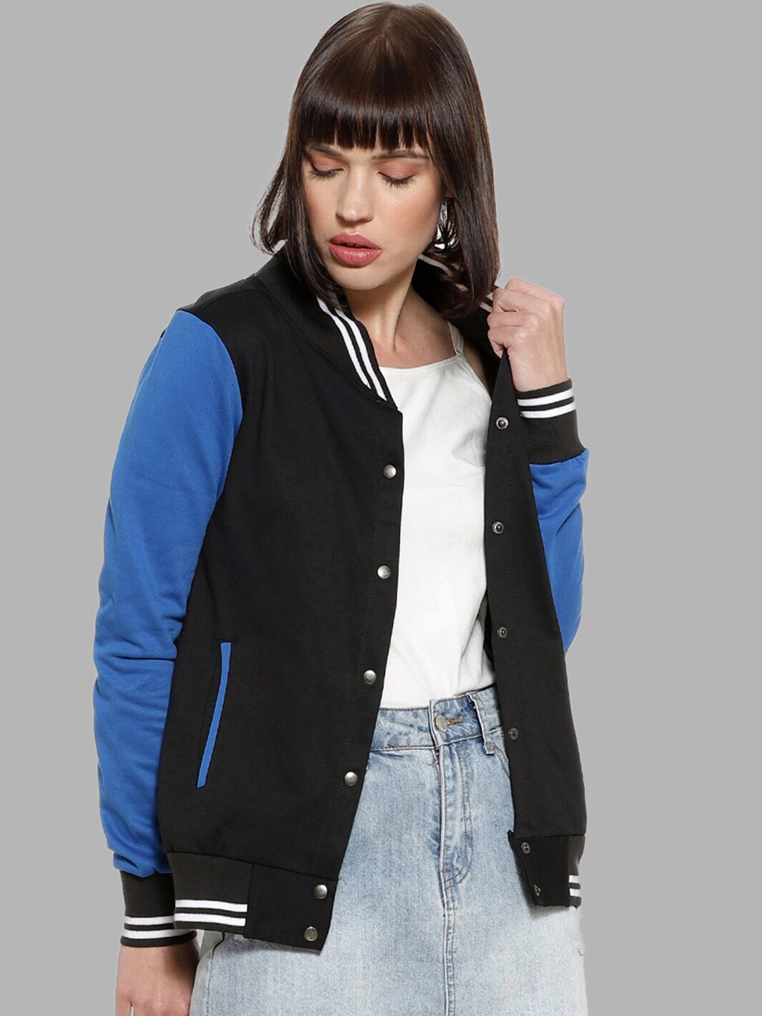 

Campus Sutra Women Black Blue Colourblocked Windcheater Outdoor Bomber Jacket