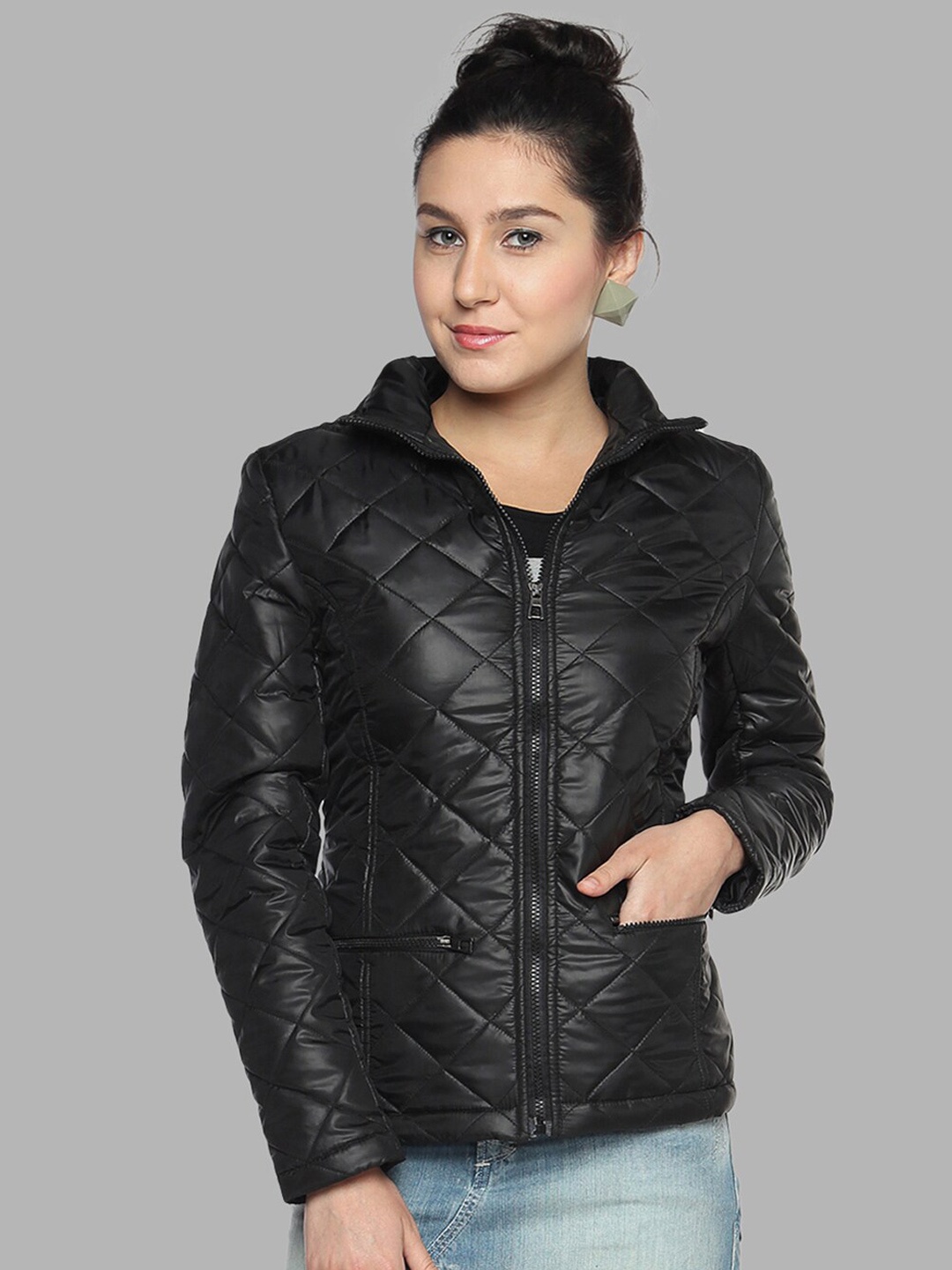 

Campus Sutra Women Black Windcheater Outdoor Quilted Jacket