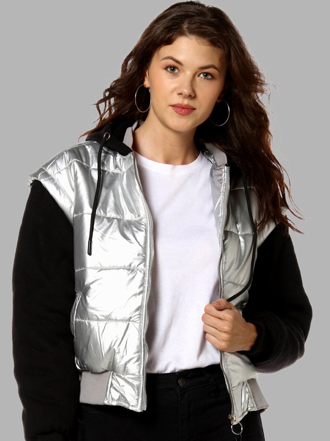 

Campus Sutra Women Silver-Toned Black Colourblocked Windcheater Outdoor Puffer Jacket