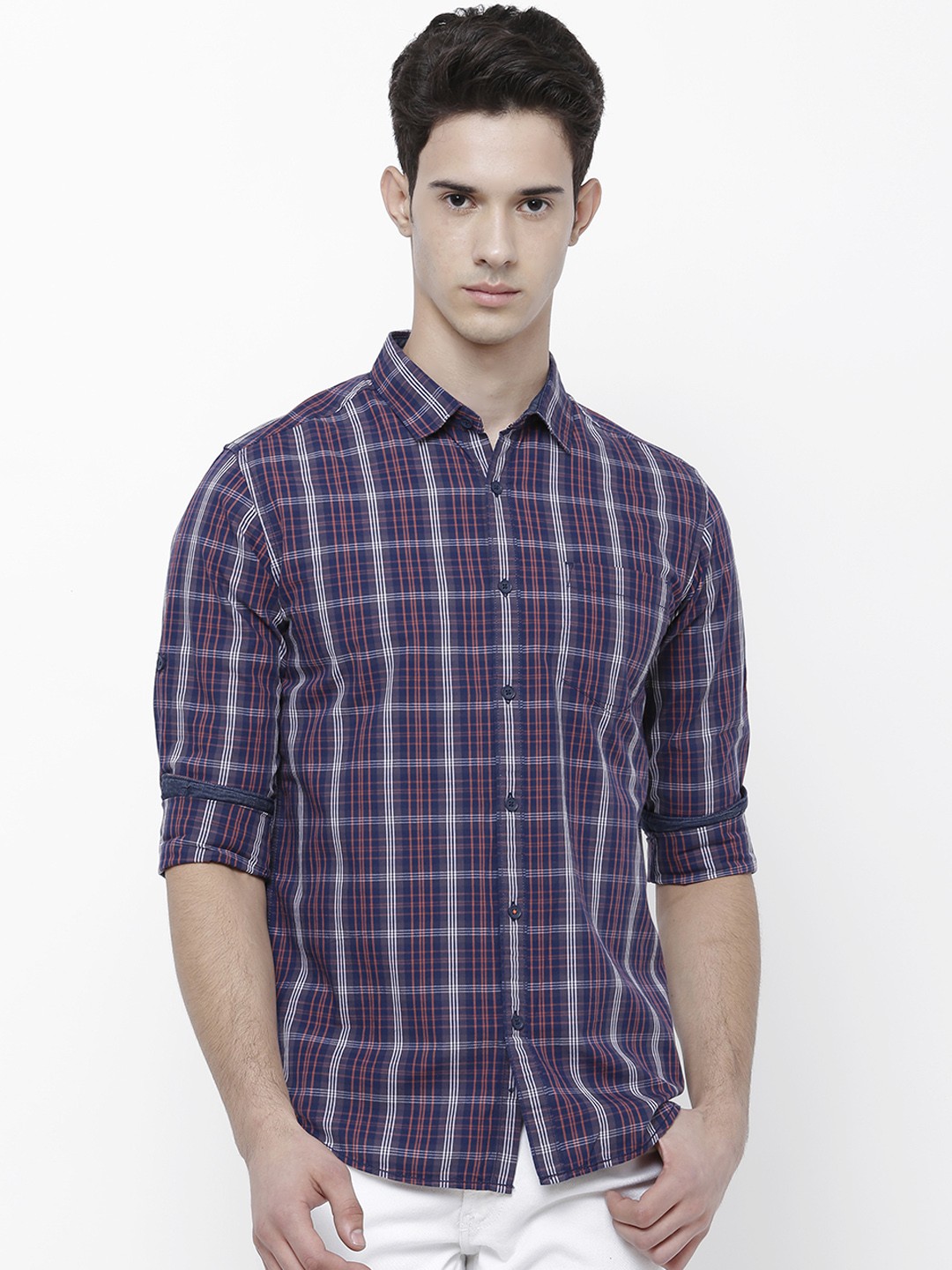 

LOCOMOTIVE Men Navy Slim Fit Checked Casual Shirt, Navy blue