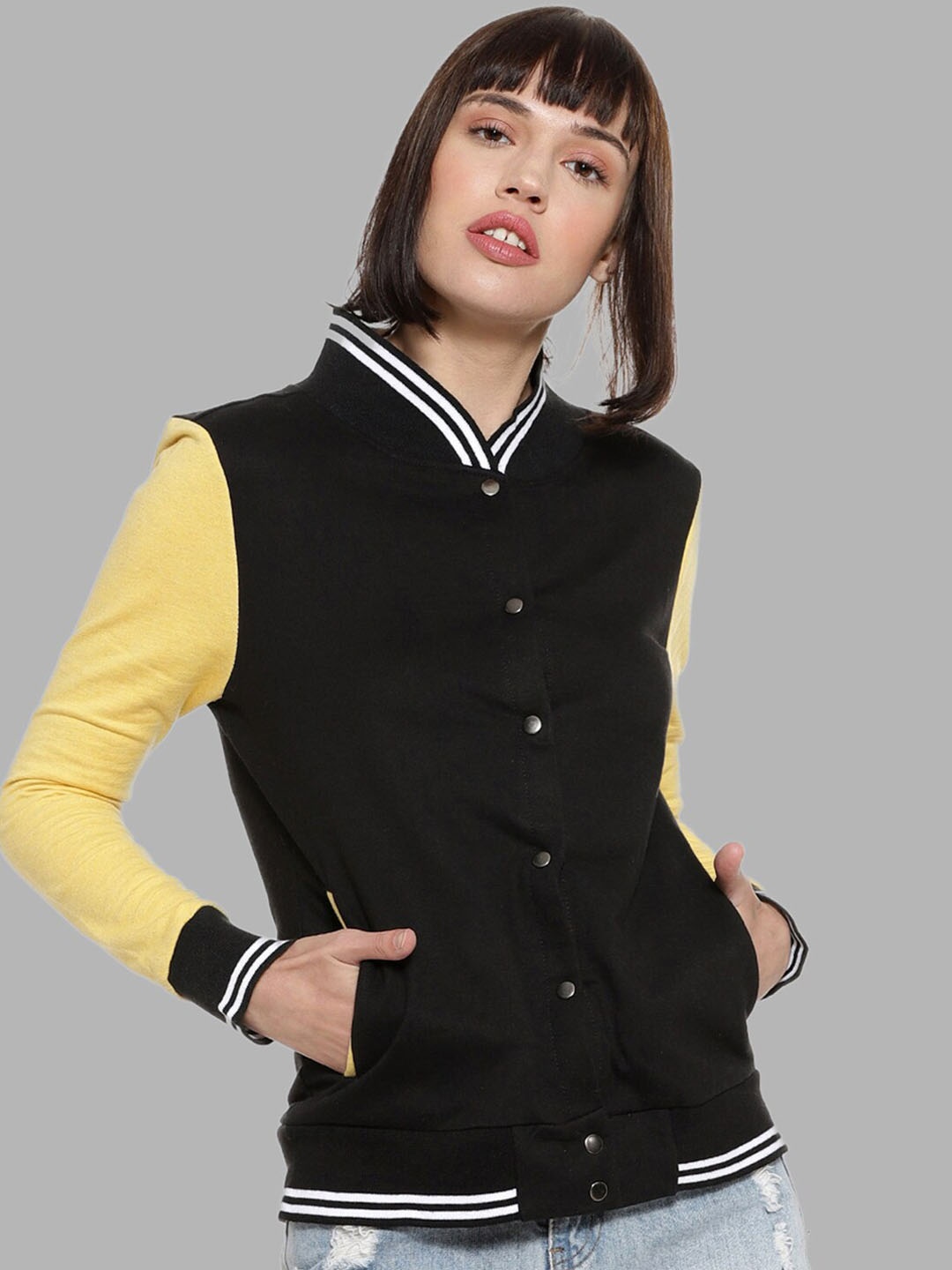 

Campus Sutra Women Black Yellow Colourblocked Windcheater Outdoor Tailored Jacket