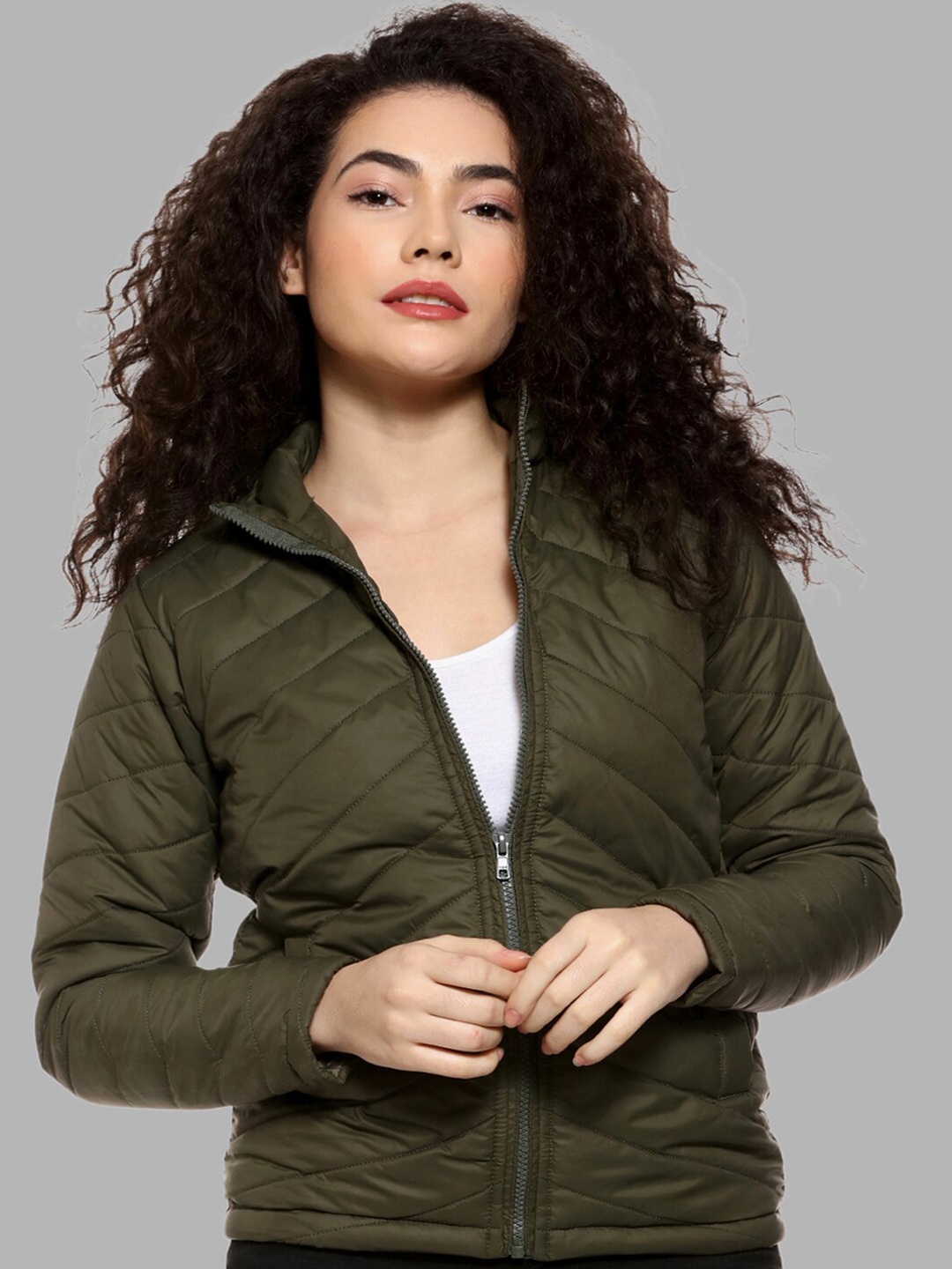 

Campus Sutra Women Olive Green Windcheater Outdoor Puffer Jacket