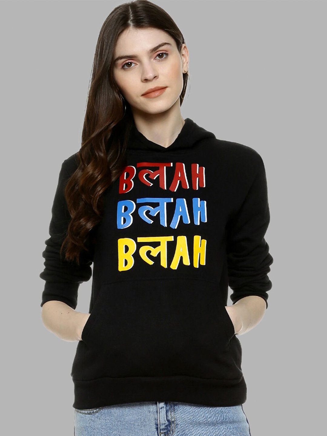 

Campus Sutra Women Black Printed Hooded Cotton Sweatshirt