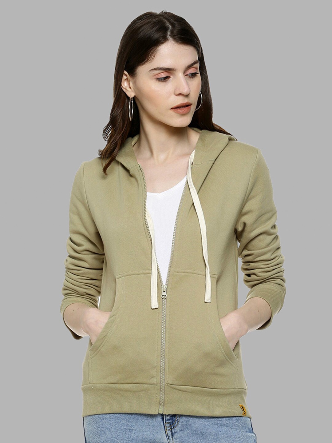 

Campus Sutra Women Olive Green Hooded Front Open With Zipper Sweatshirt