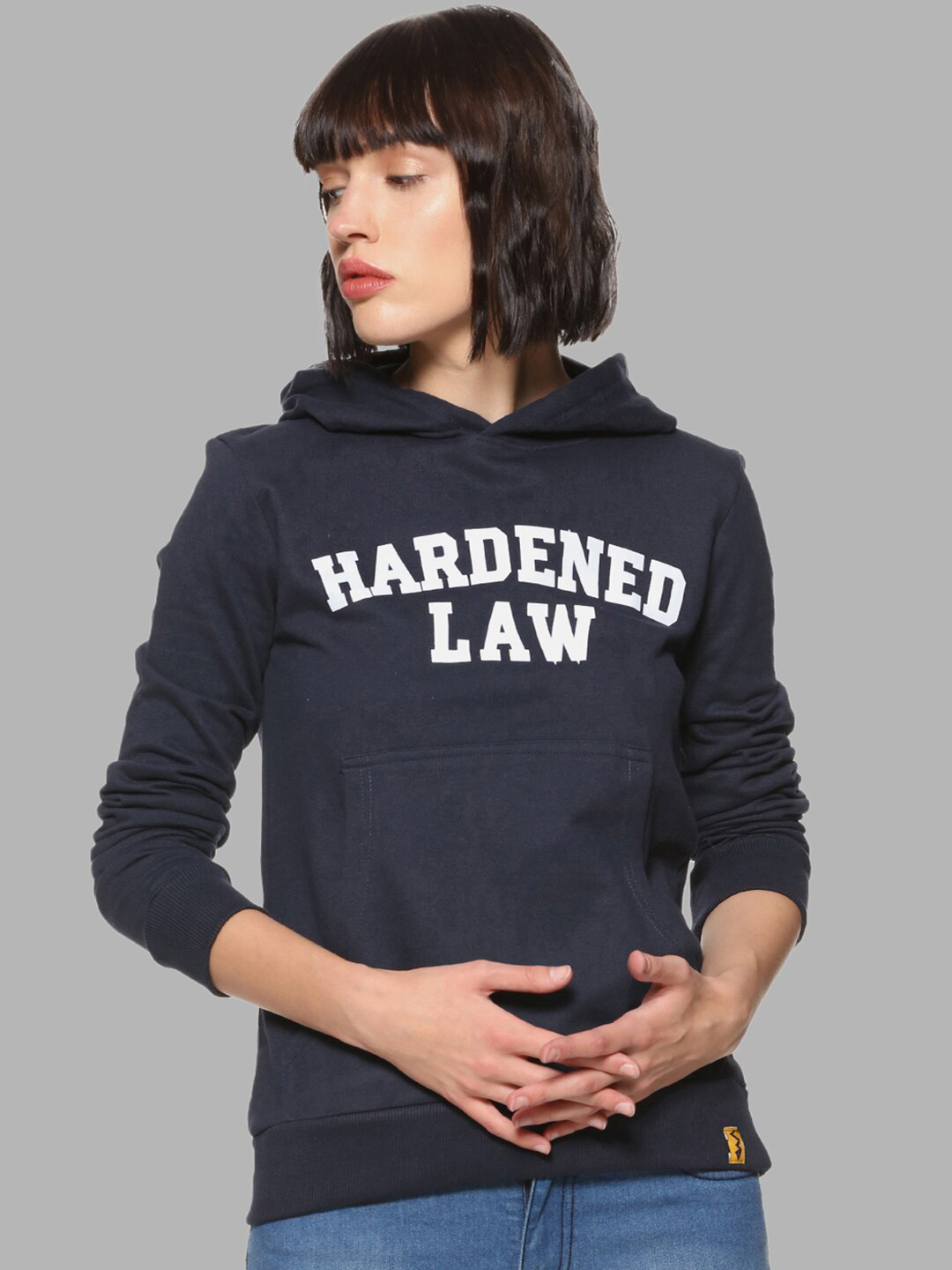 

Campus Sutra Women Navy Blue Printed Hooded Cotton Sweatshirt