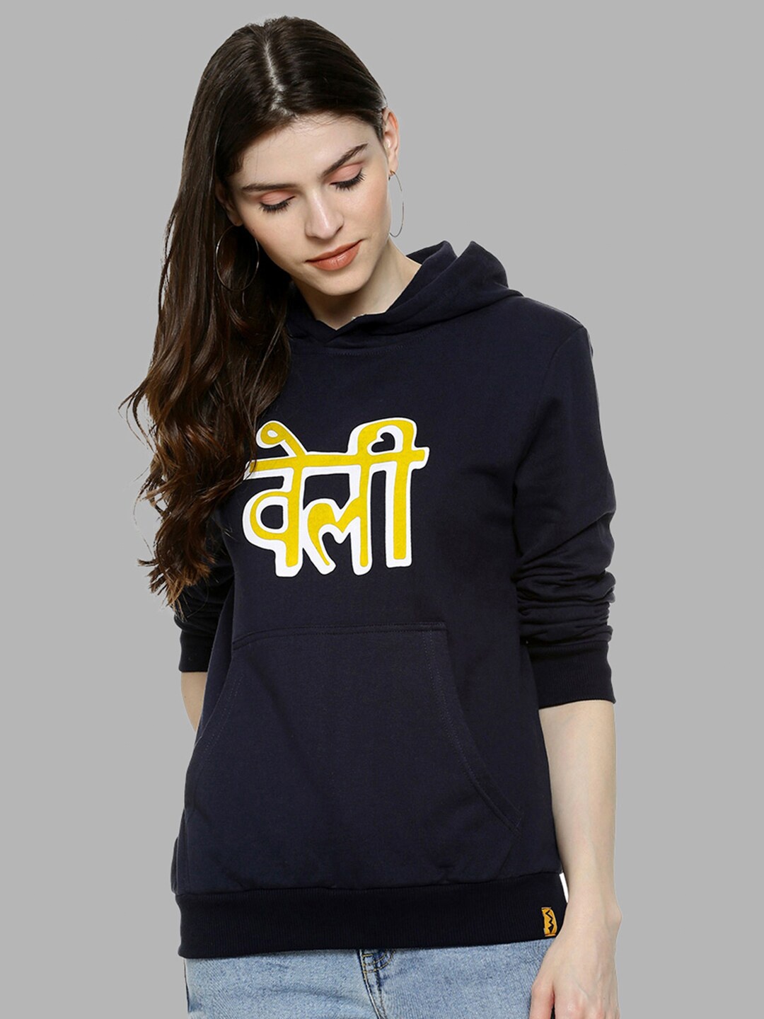 

Campus Sutra Women Blue Typography Printed Hooded Cotton Sweatshirt