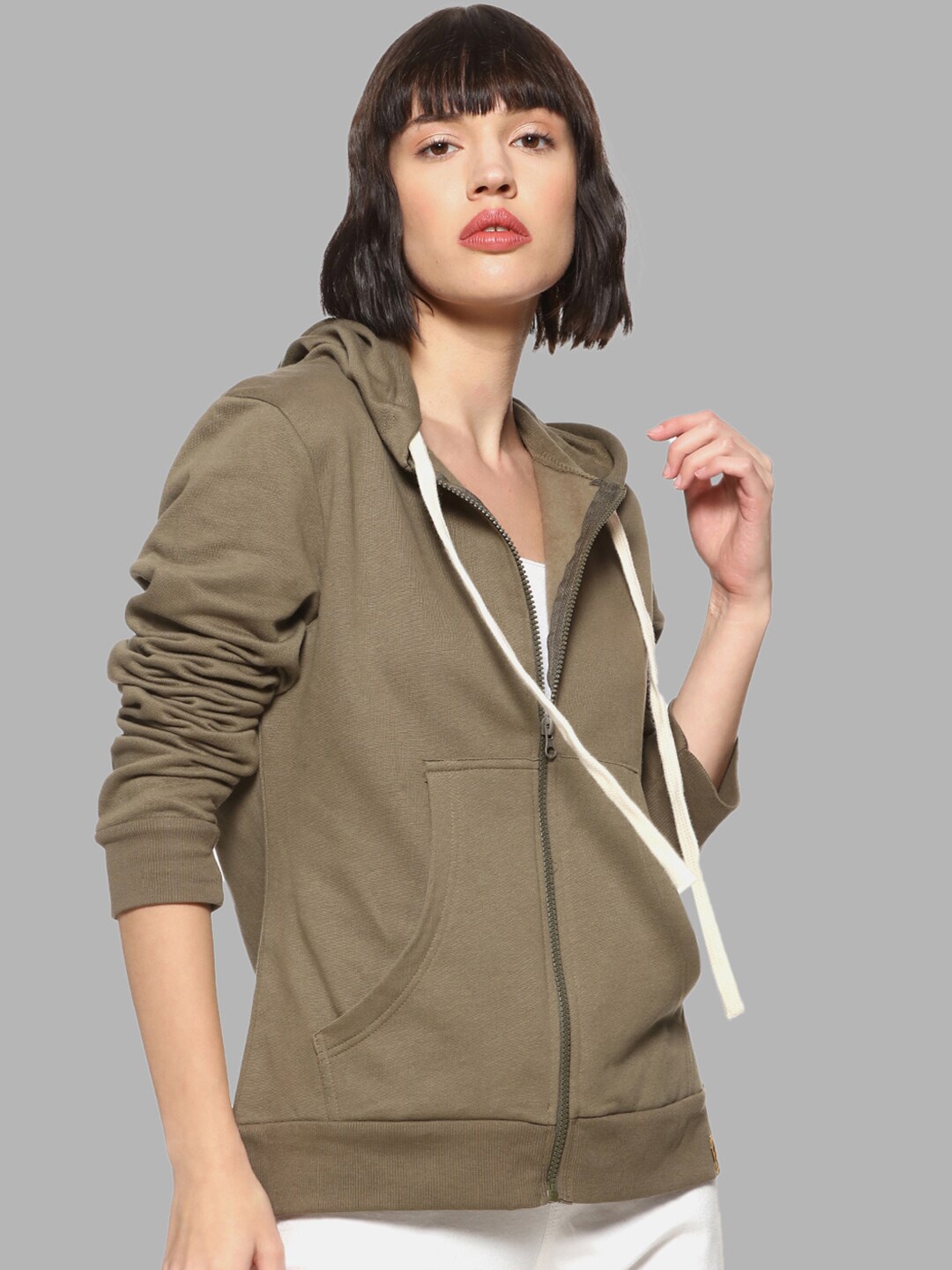 

Campus Sutra Women Olive Green Cotton Hooded Sweatshirt