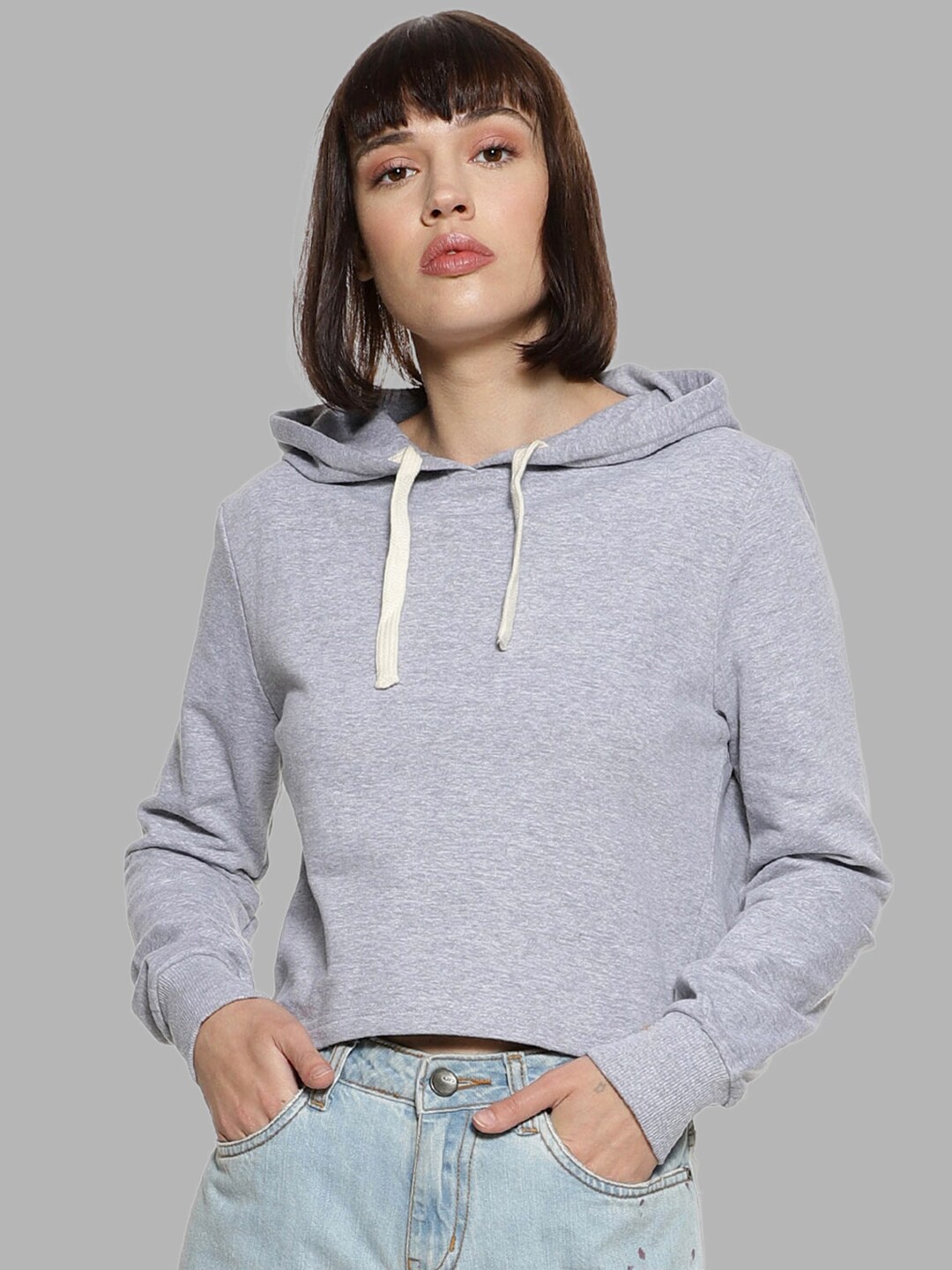 

Campus Sutra Women Grey Solid Hooded Sweatshirt