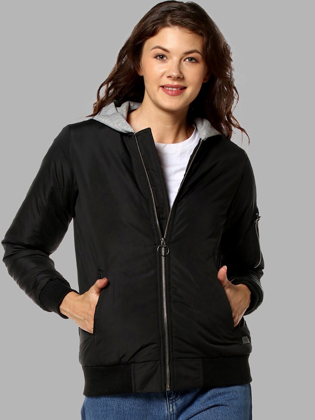 

Campus Sutra Women Black Grey Windcheater Outdoor Bomber Jacket