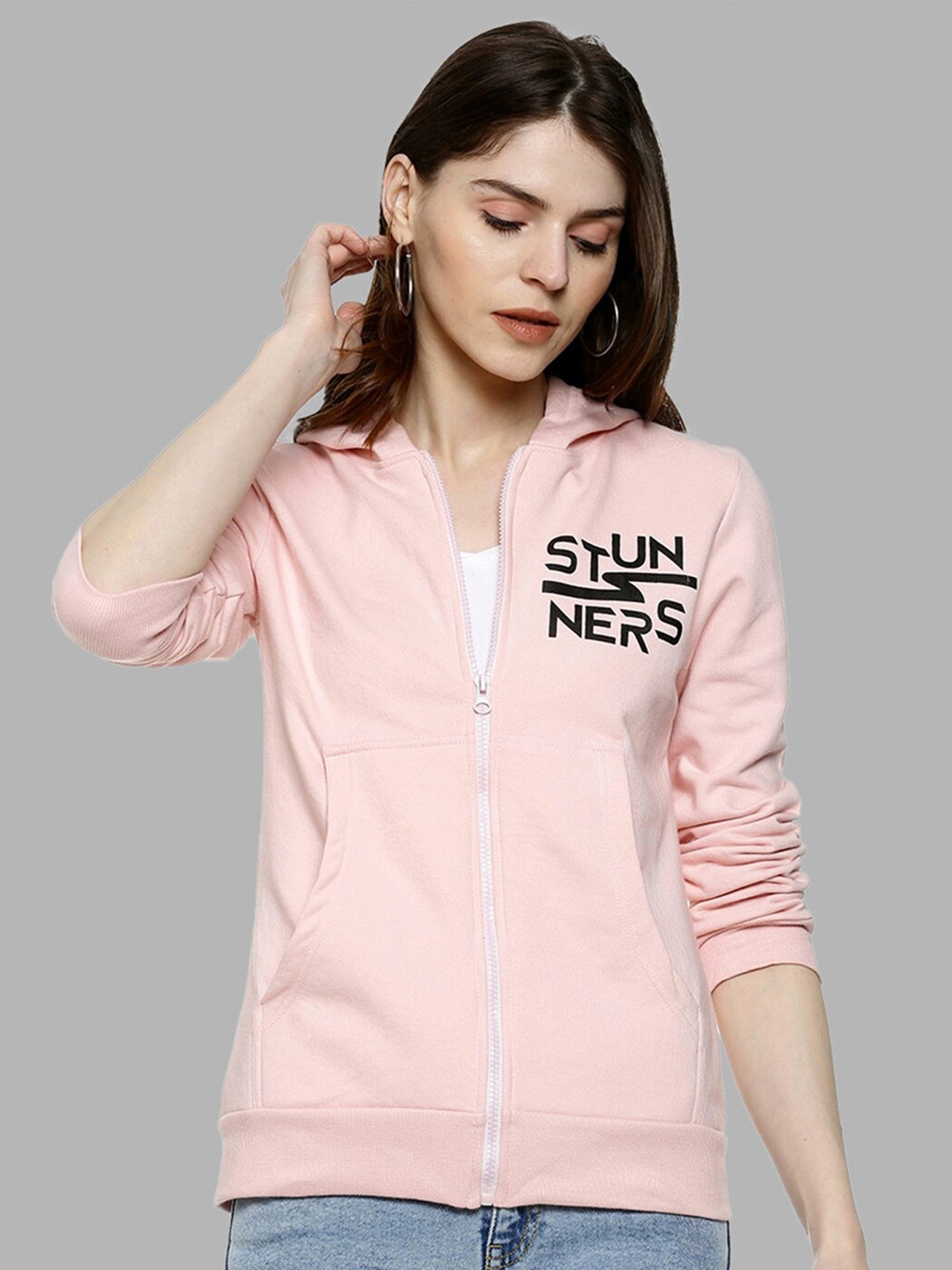

Campus Sutra Women Pink & Black Printed Hooded Sweatshirt