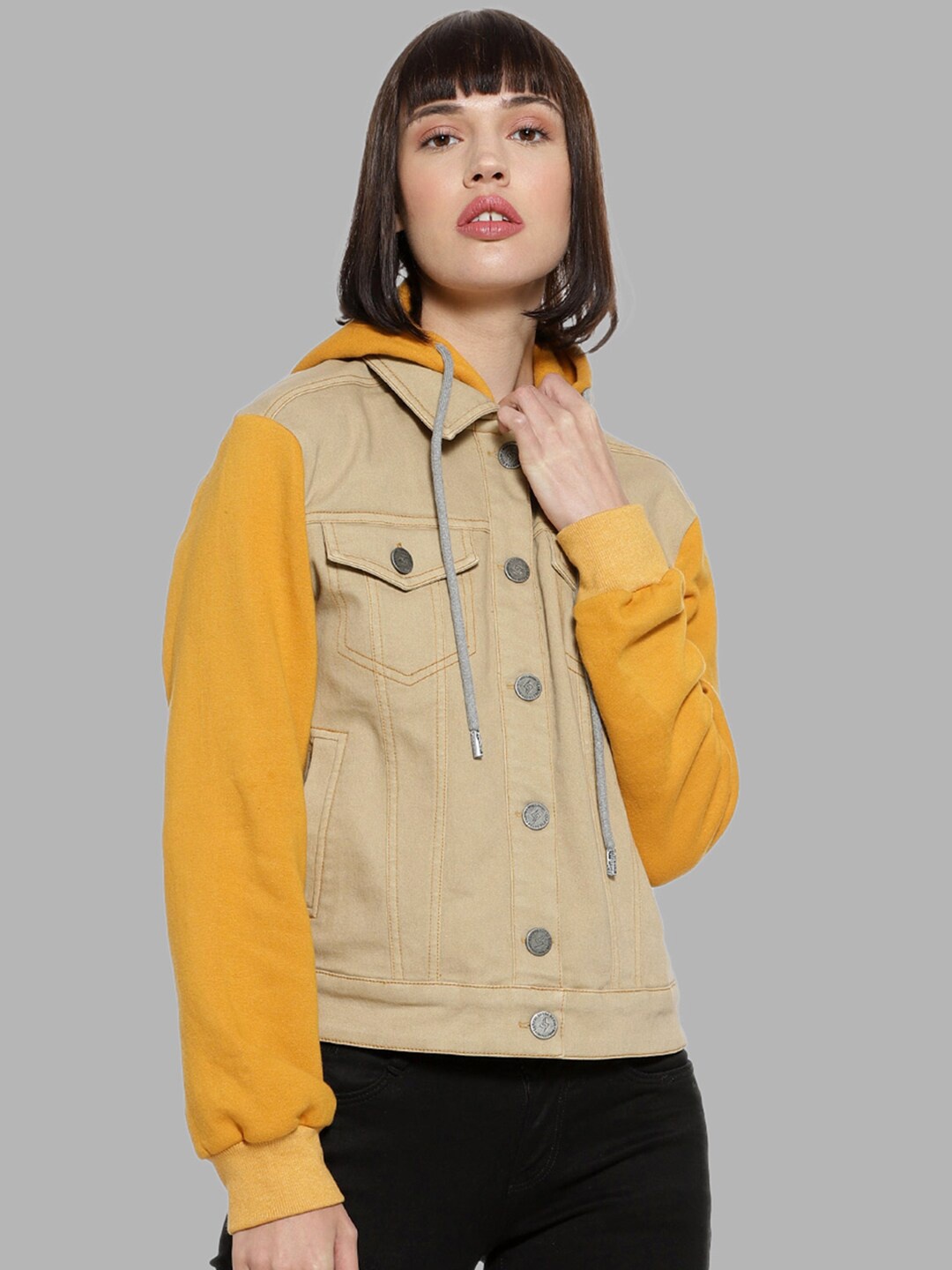 

Campus Sutra Women Brown Mustard Colourblocked Windcheater Outdoor Denim Jacket