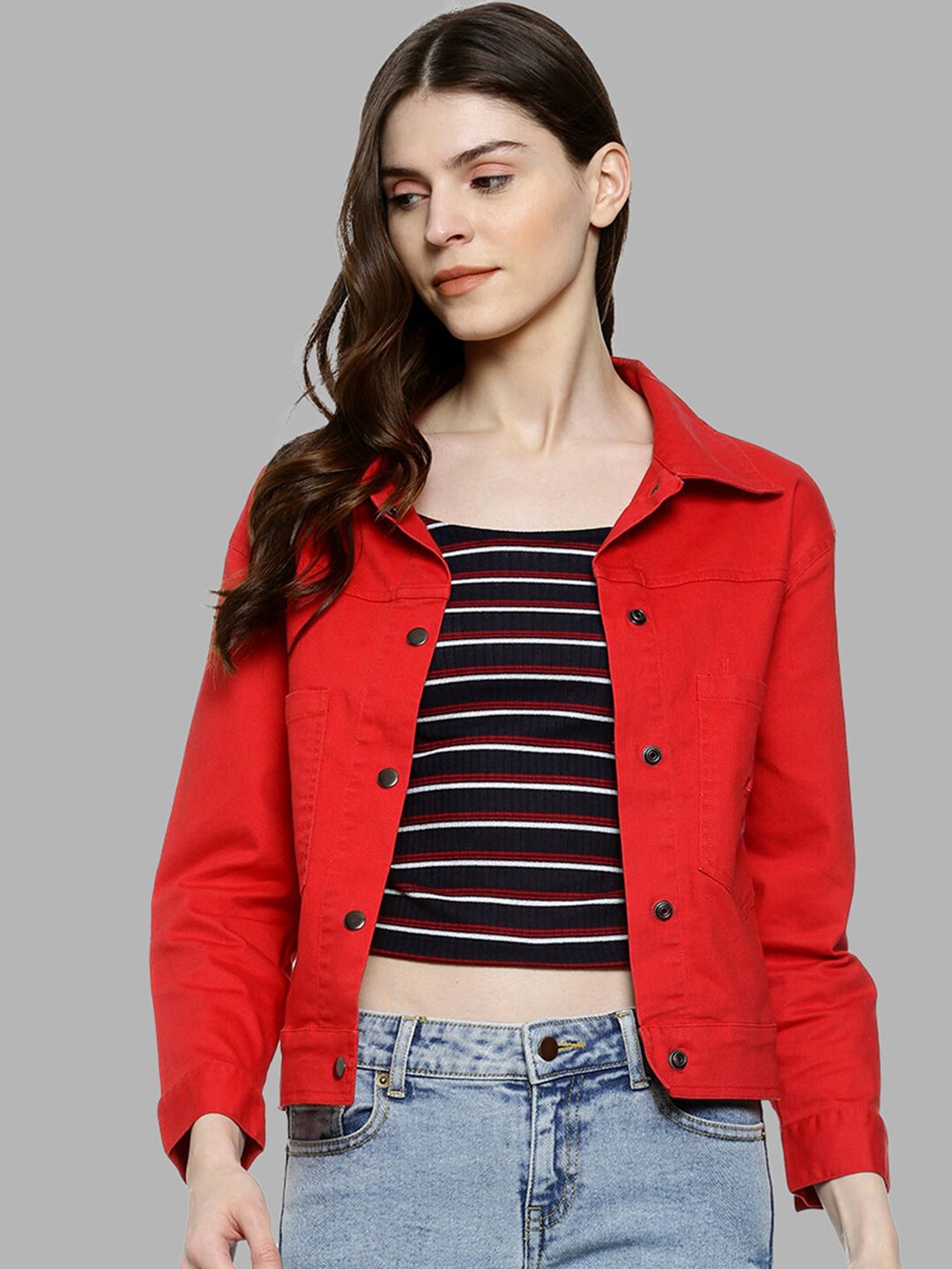 

Campus Sutra Women Red Windcheater Crop Outdoor Denim Jacket