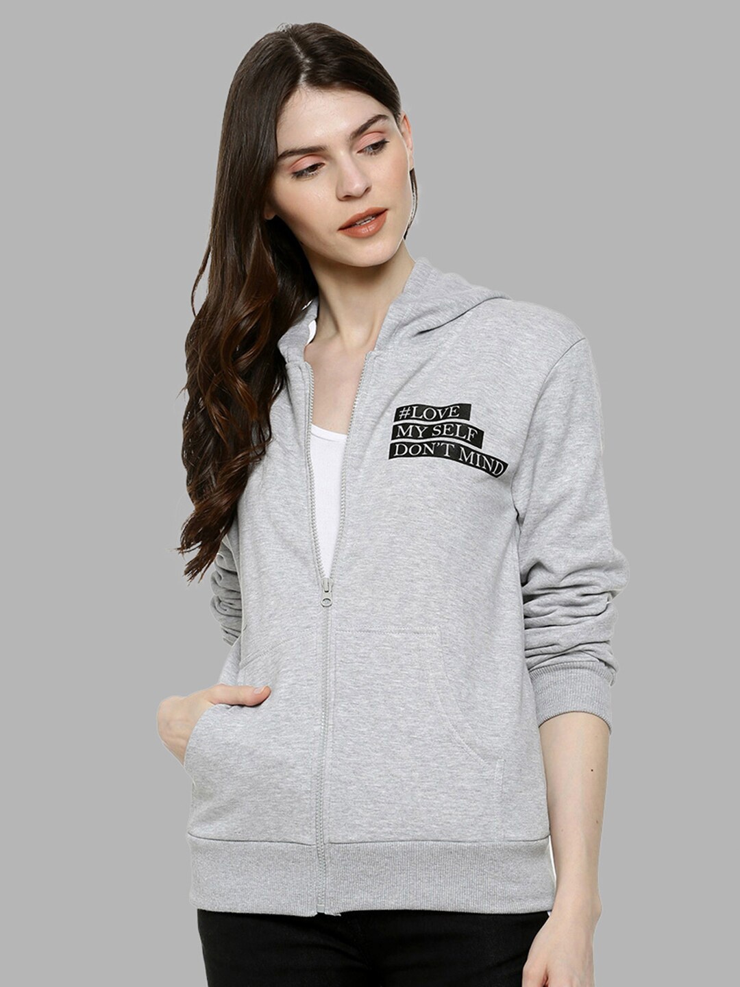 

Campus Sutra Women Grey Hooded Cotton Front Open Sweatshirt