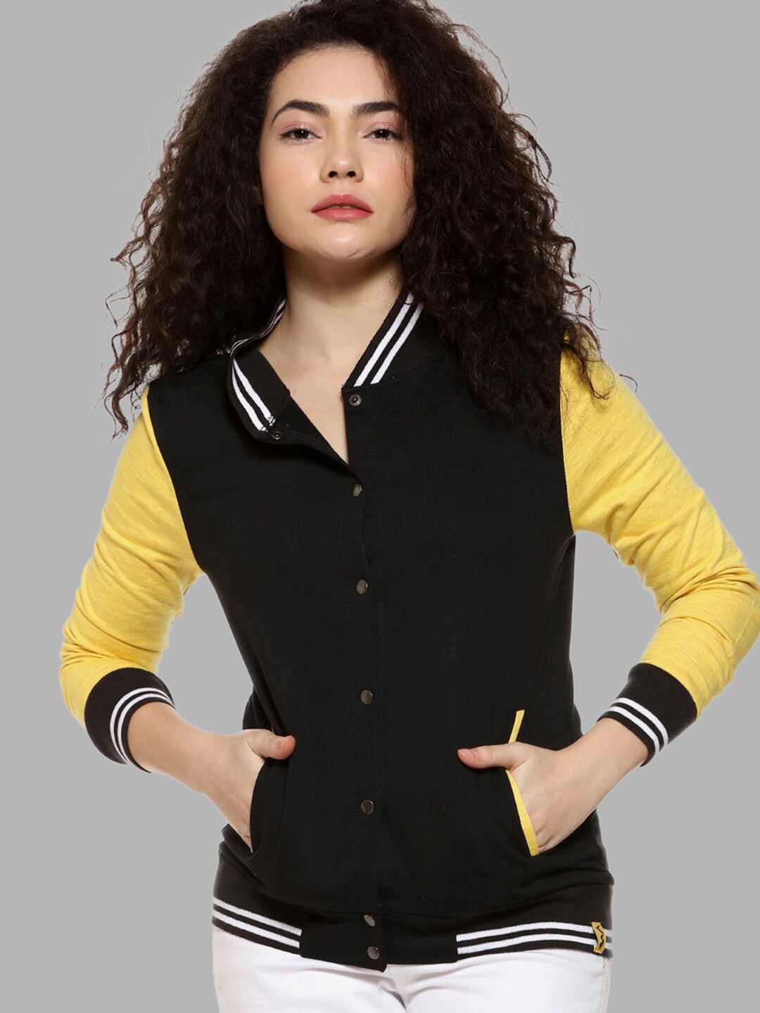 

Campus Sutra Women Black Yellow Colourblocked Windcheater Outdoor Bomber Jacket