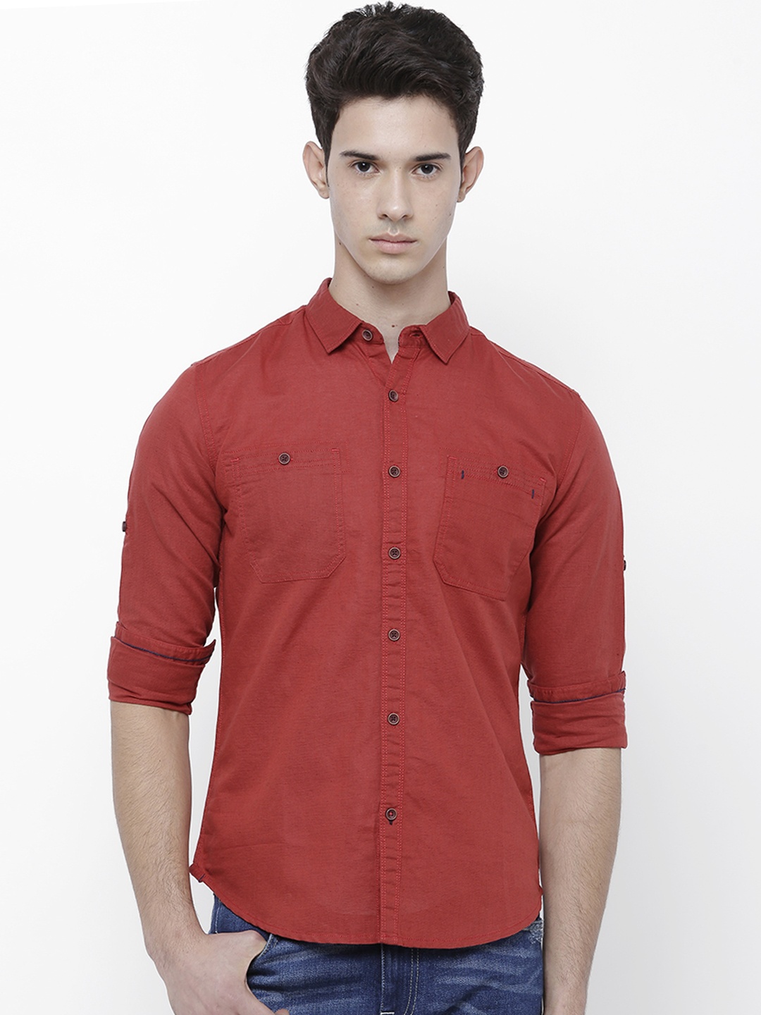 

LOCOMOTIVE Men Rust Red Slim Fit Solid Casual Shirt