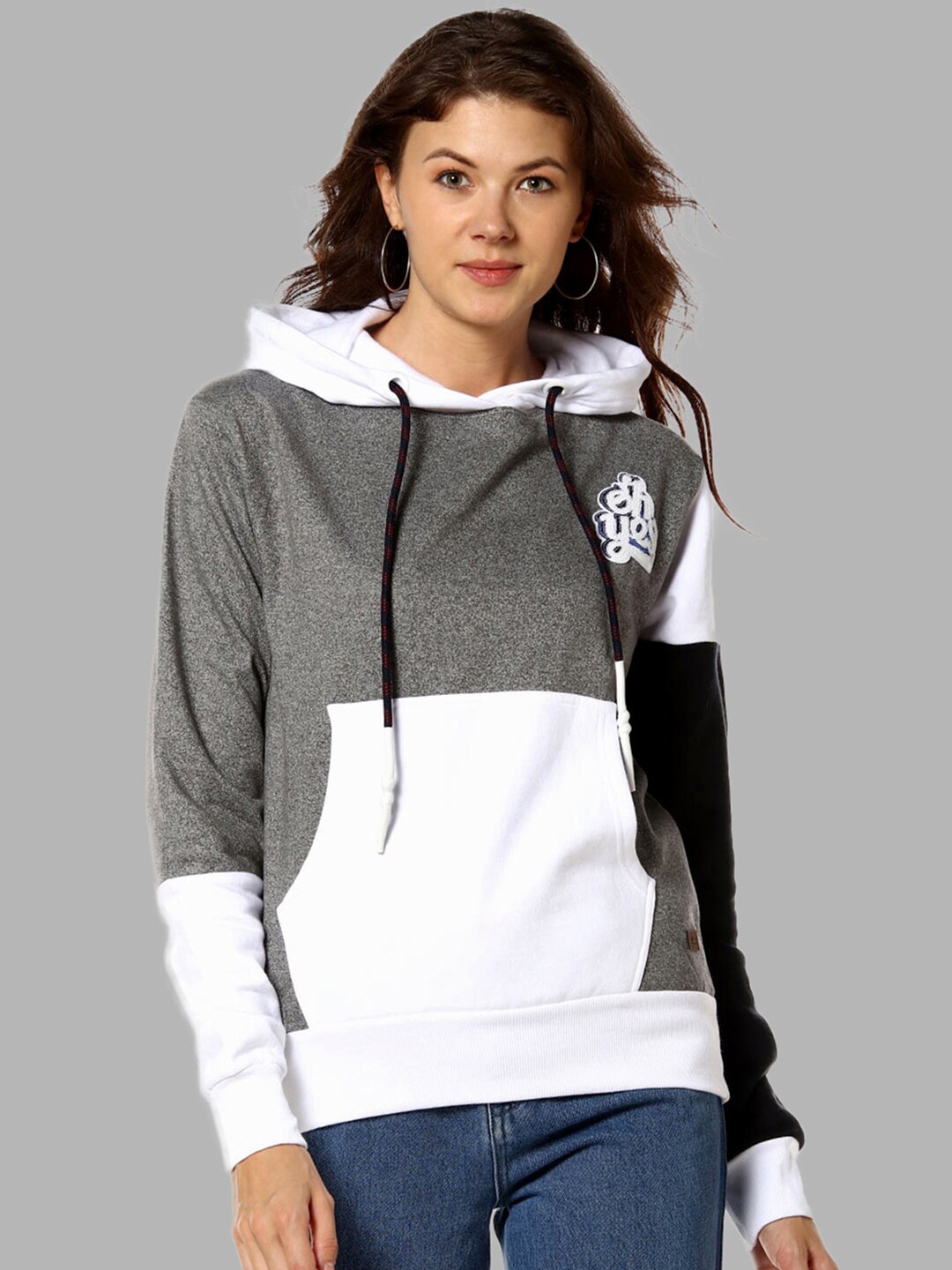 

Campus Sutra Women Grey & White Colourblocked Hooded Sweatshirt