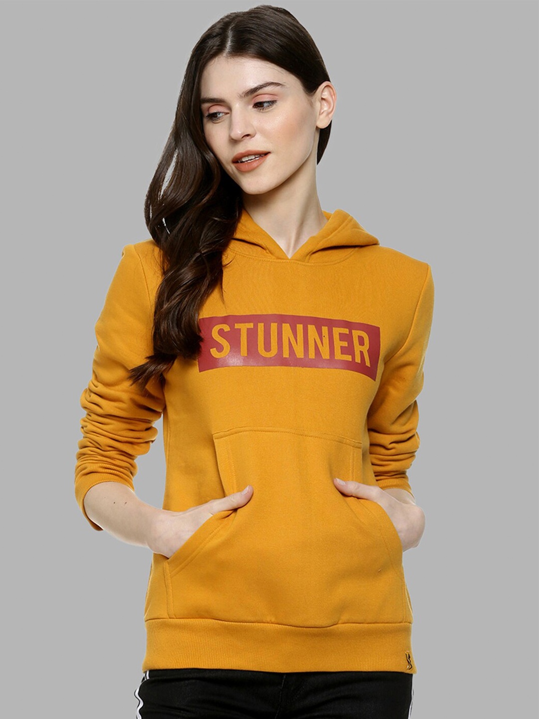 

Campus Sutra Women Mustard Yellow Printed Cotton Hooded Sweatshirt