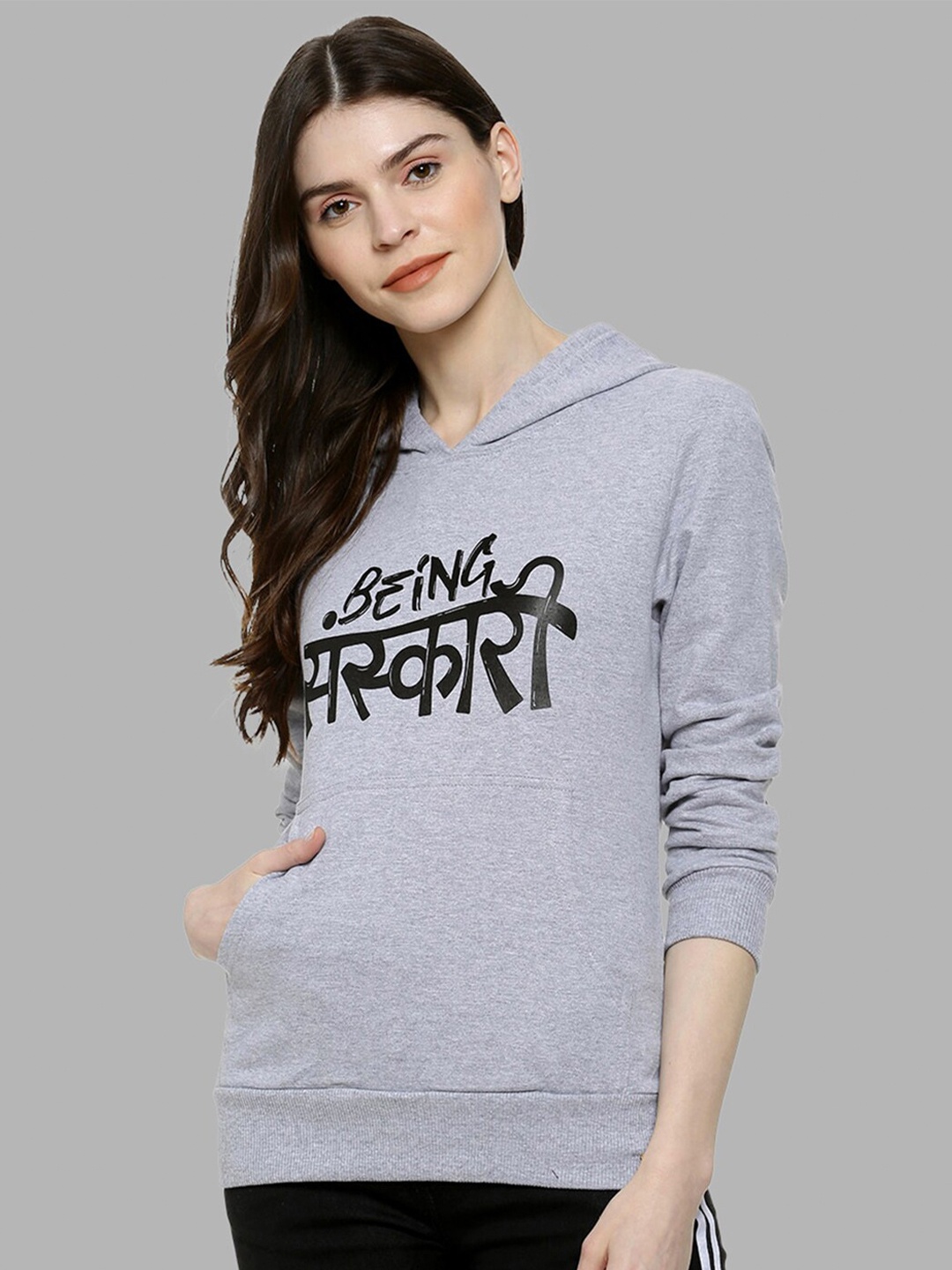 

Campus Sutra Women Grey Printed Hooded Sweatshirt