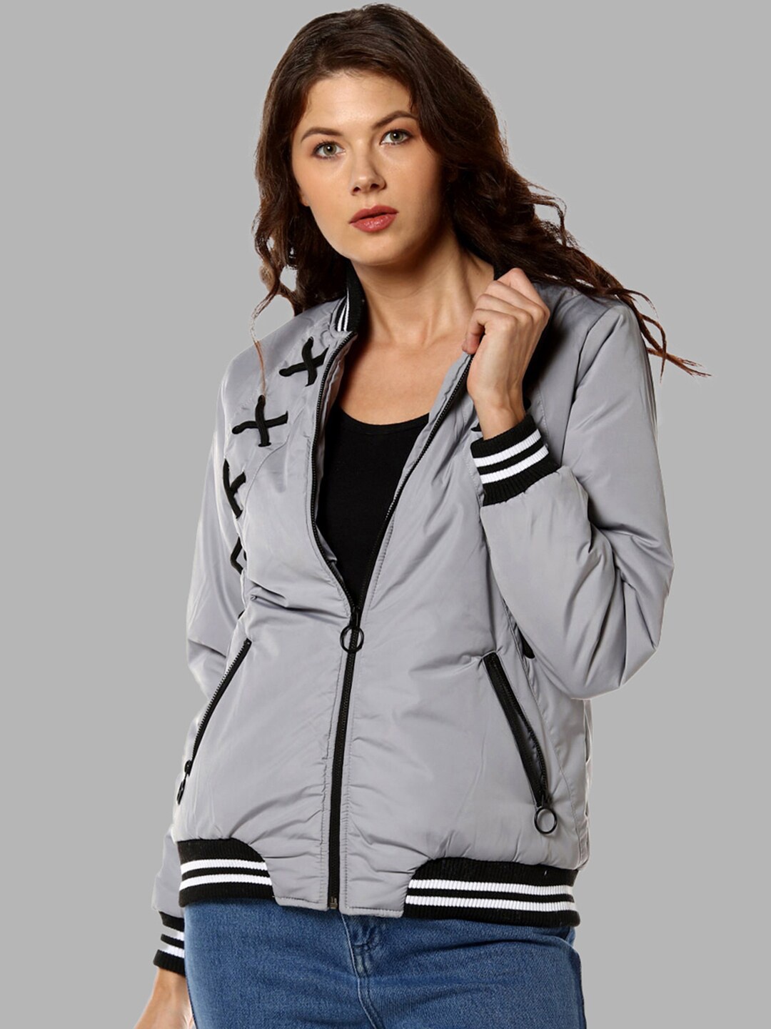 

Campus Sutra Women Grey Black Striped Windcheater Outdoor Bomber Jacket