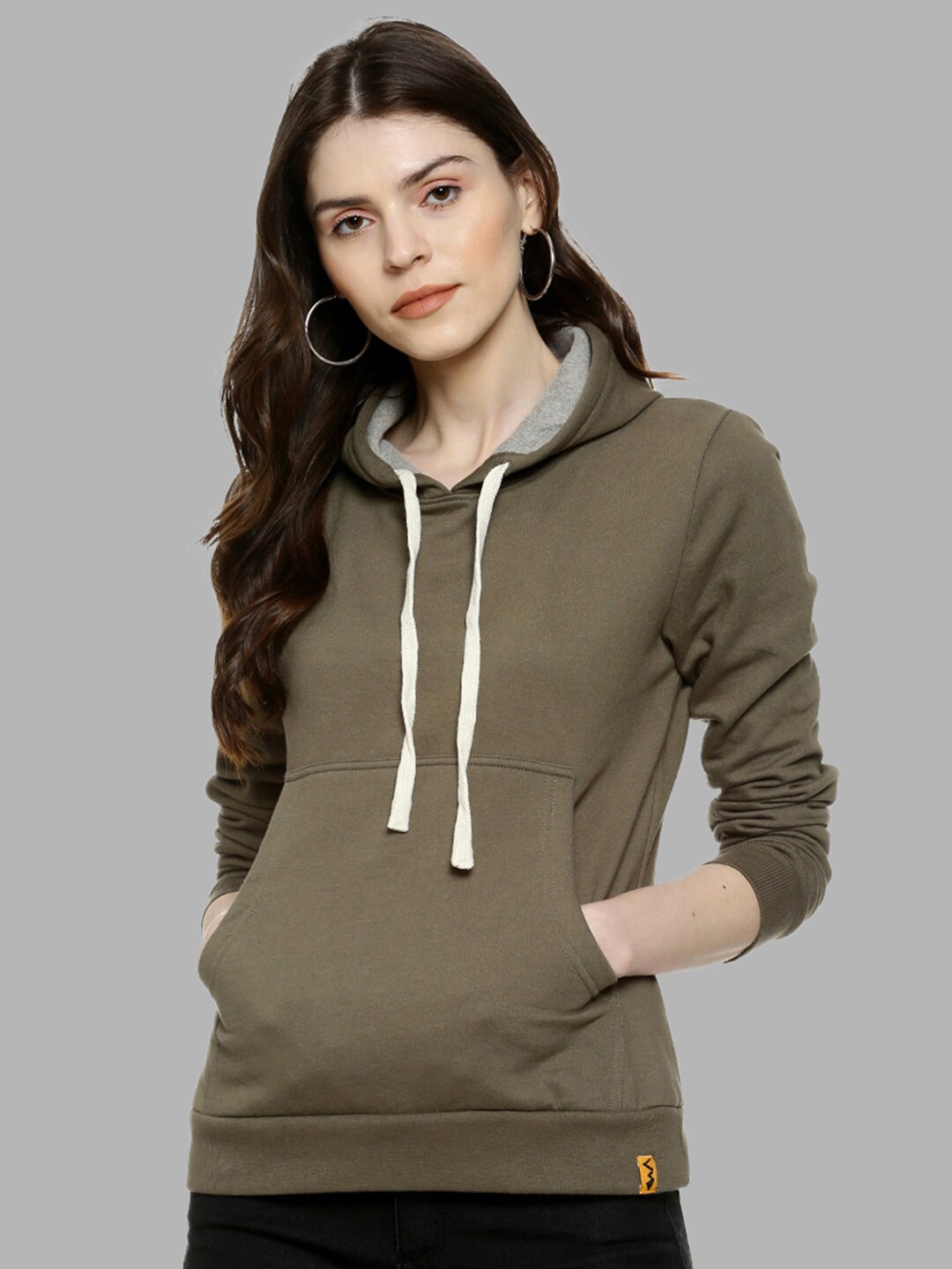 

Campus Sutra Women Olive Green Solid Hooded Cotton Sweatshirt