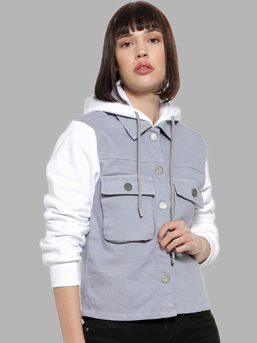 

Campus Sutra Women Blue White Colourblocked Windcheater Outdoor Tailored Jacket