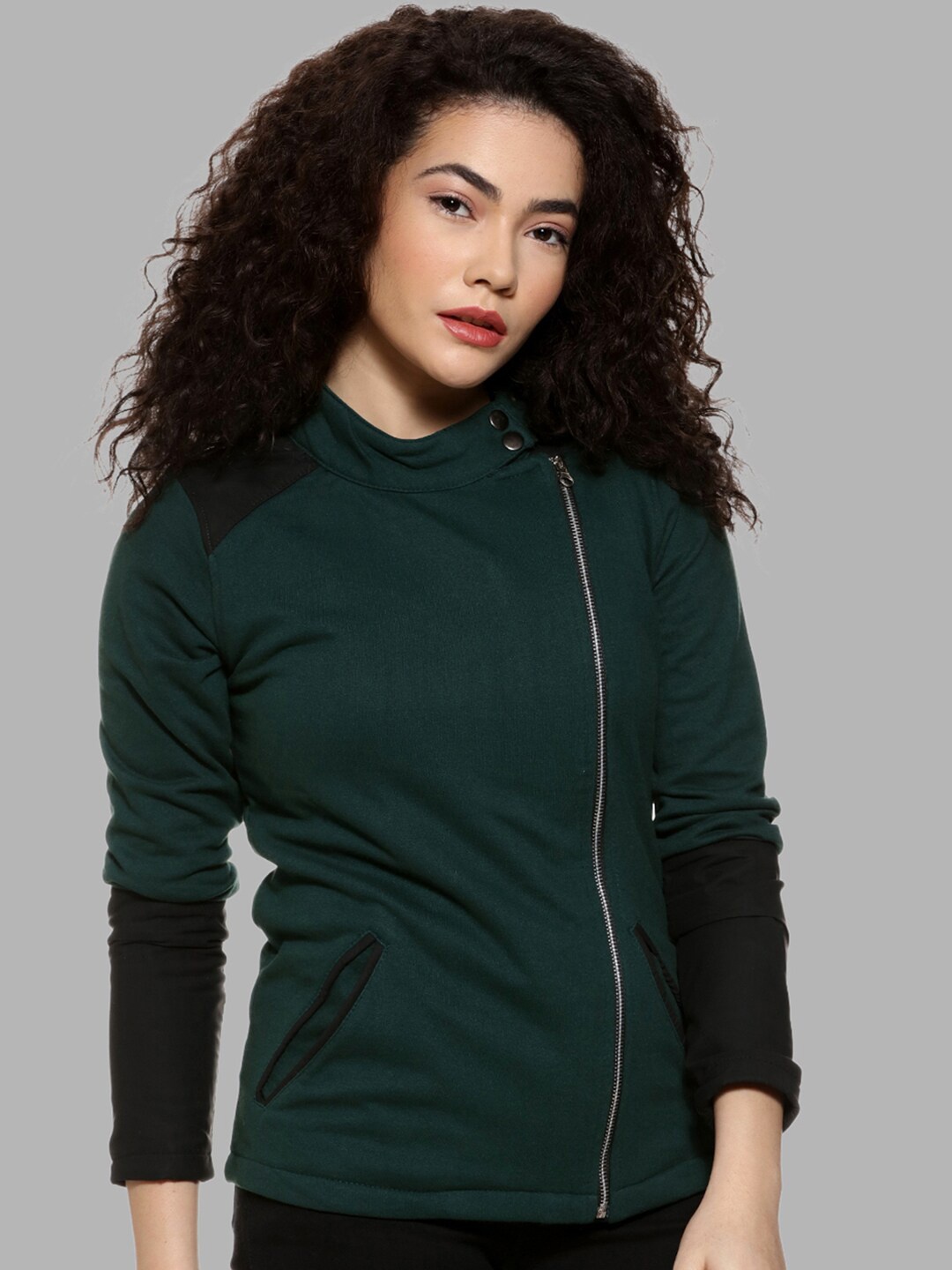 

Campus Sutra Women Green Black Colourblocked Windcheater Outdoor Sporty Jacket