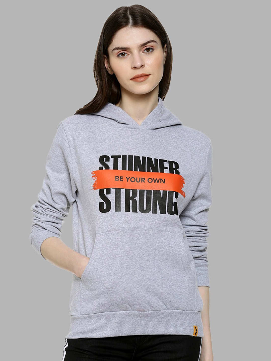 

Campus Sutra Women Grey Printed Hooded Sweatshirt
