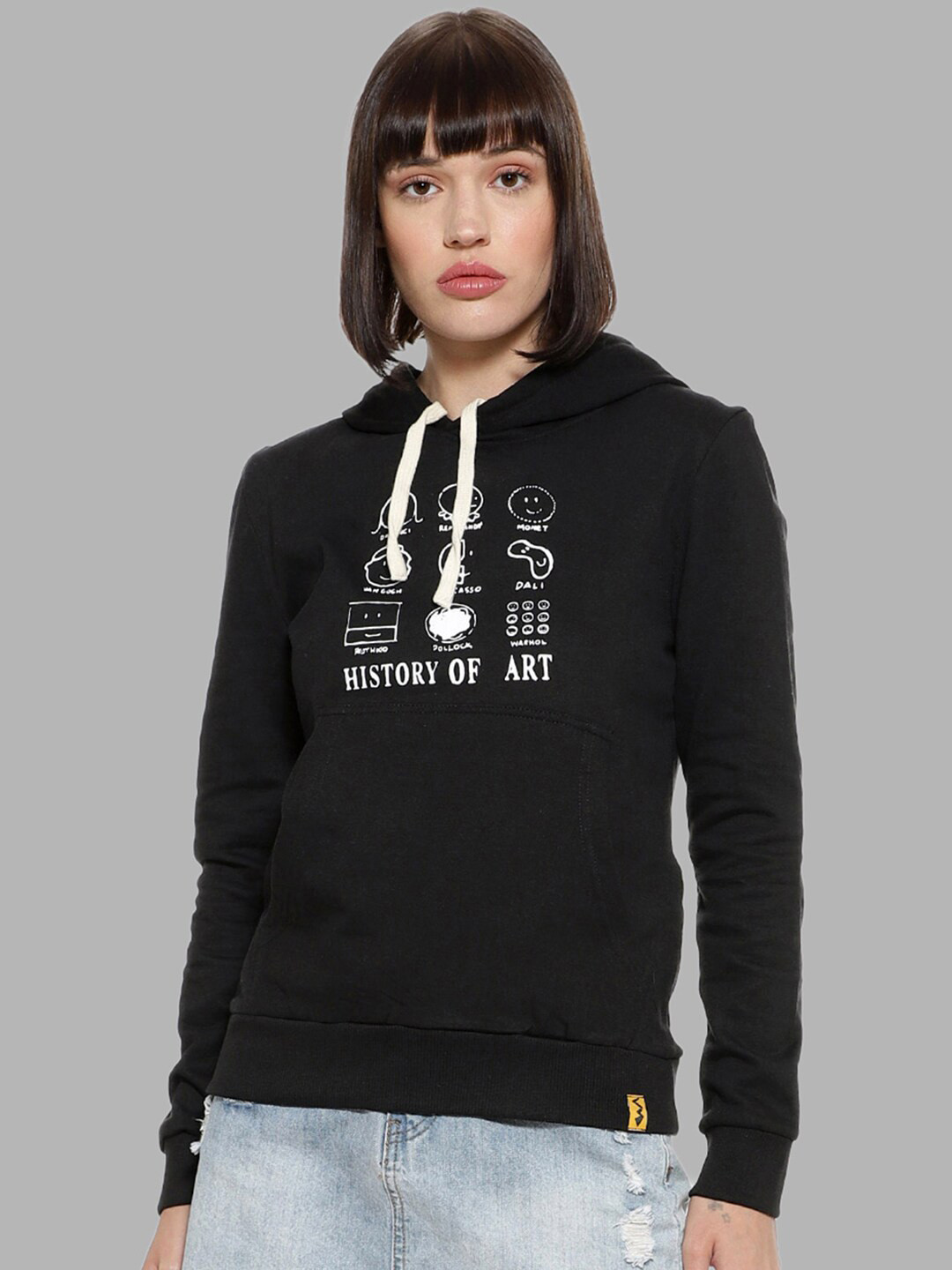 

Campus Sutra Women Black Printed Hooded Sweatshirt