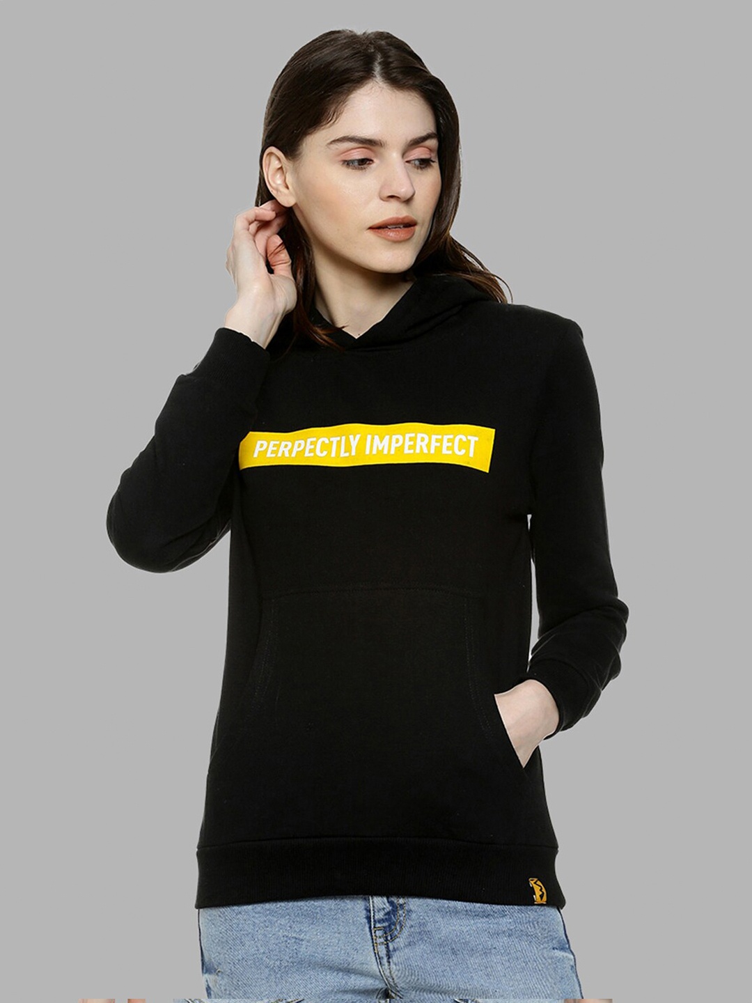 

Campus Sutra Women Black Printed Hooded Sweatshirt