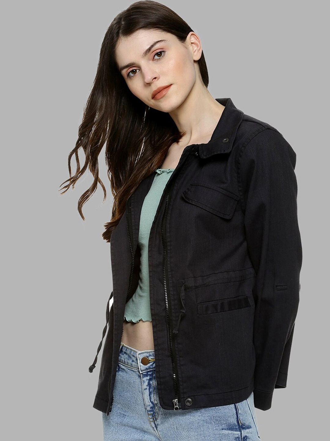 

Campus Sutra Women Black Windcheater Outdoor Denim Jacket