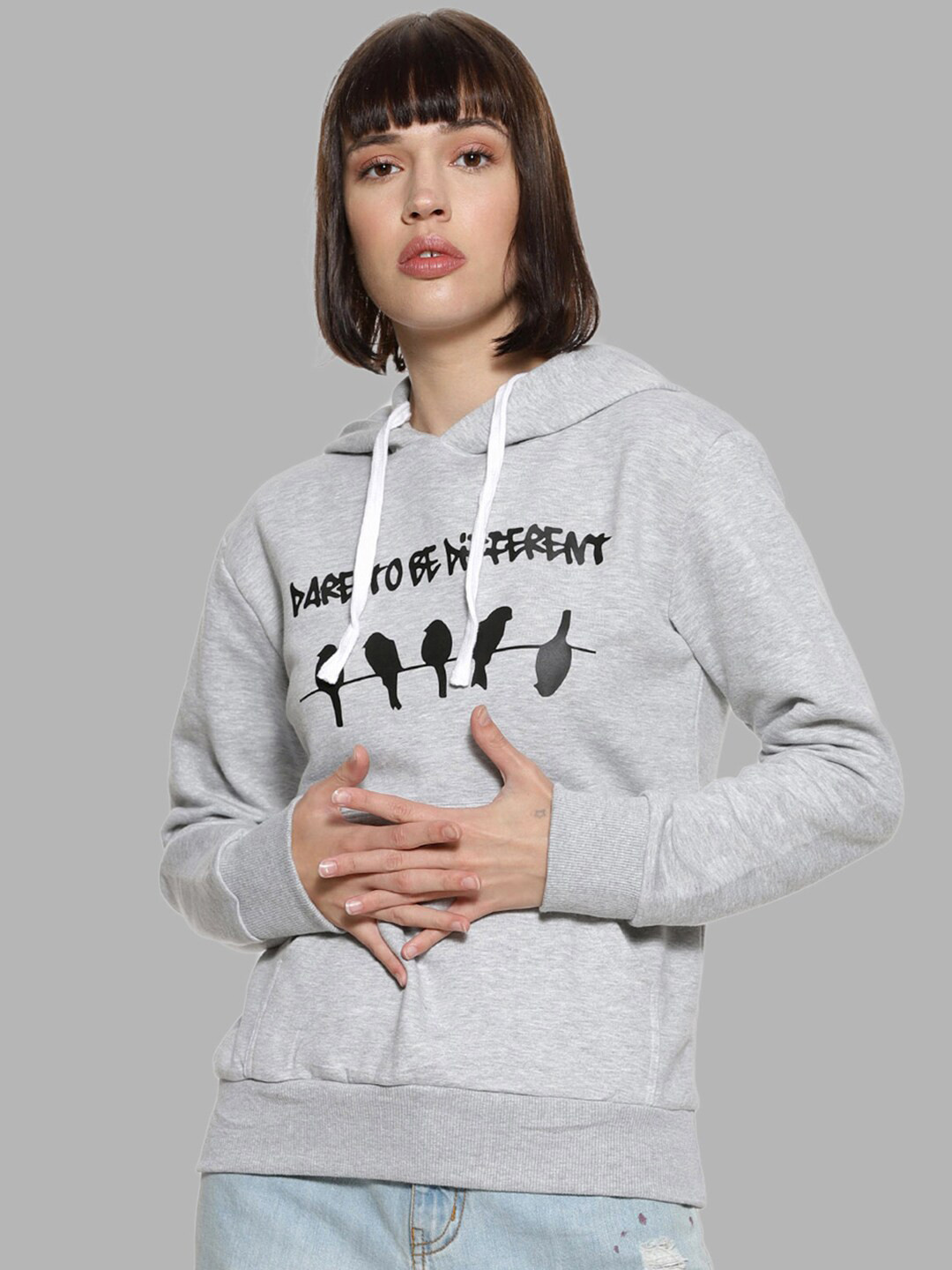 

Campus Sutra Women Grey Printed Hooded Cotton Sweatshirt