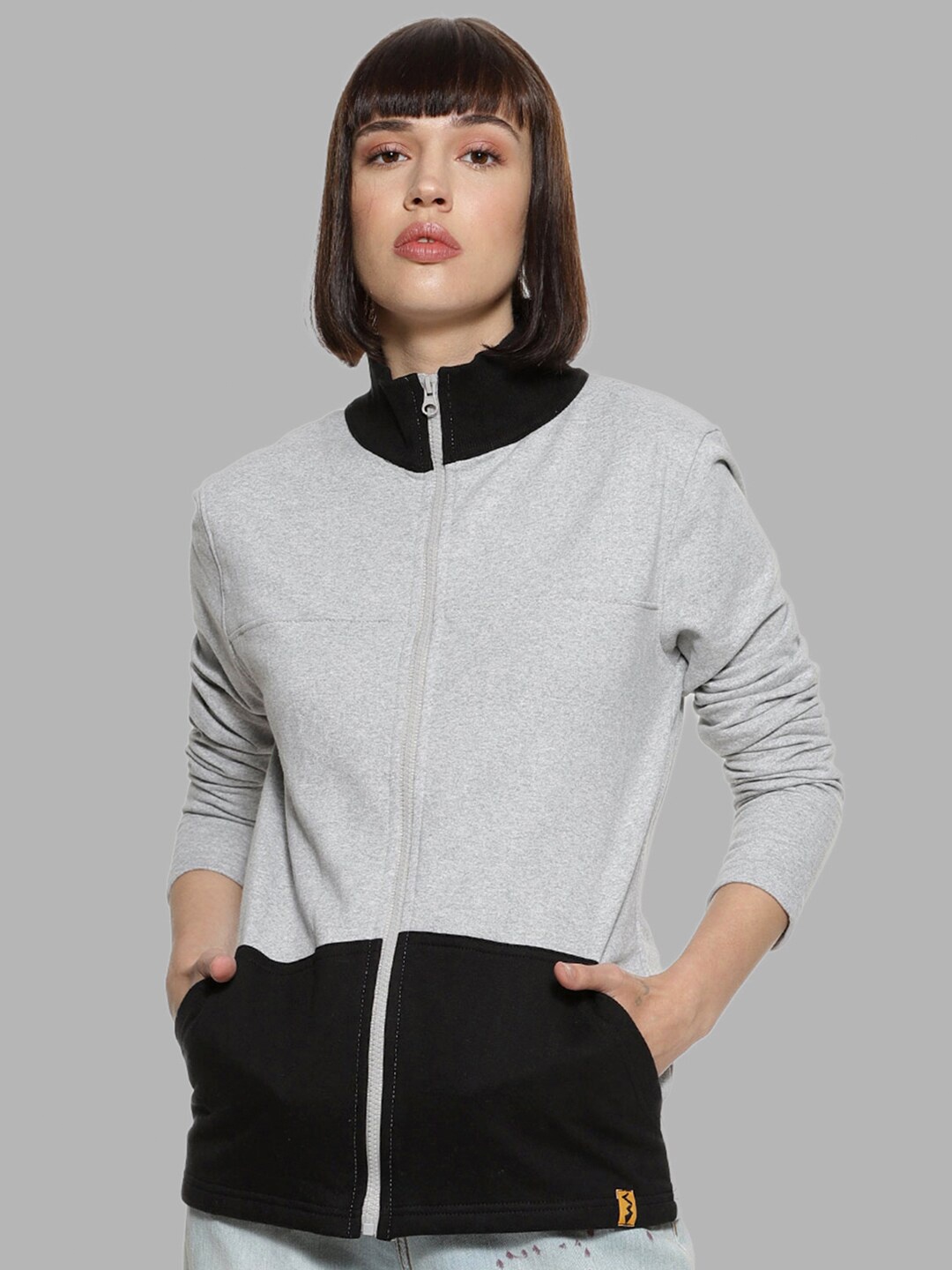 

Campus Sutra Women Grey Melange Cotton Colourblocked Sweatshirt