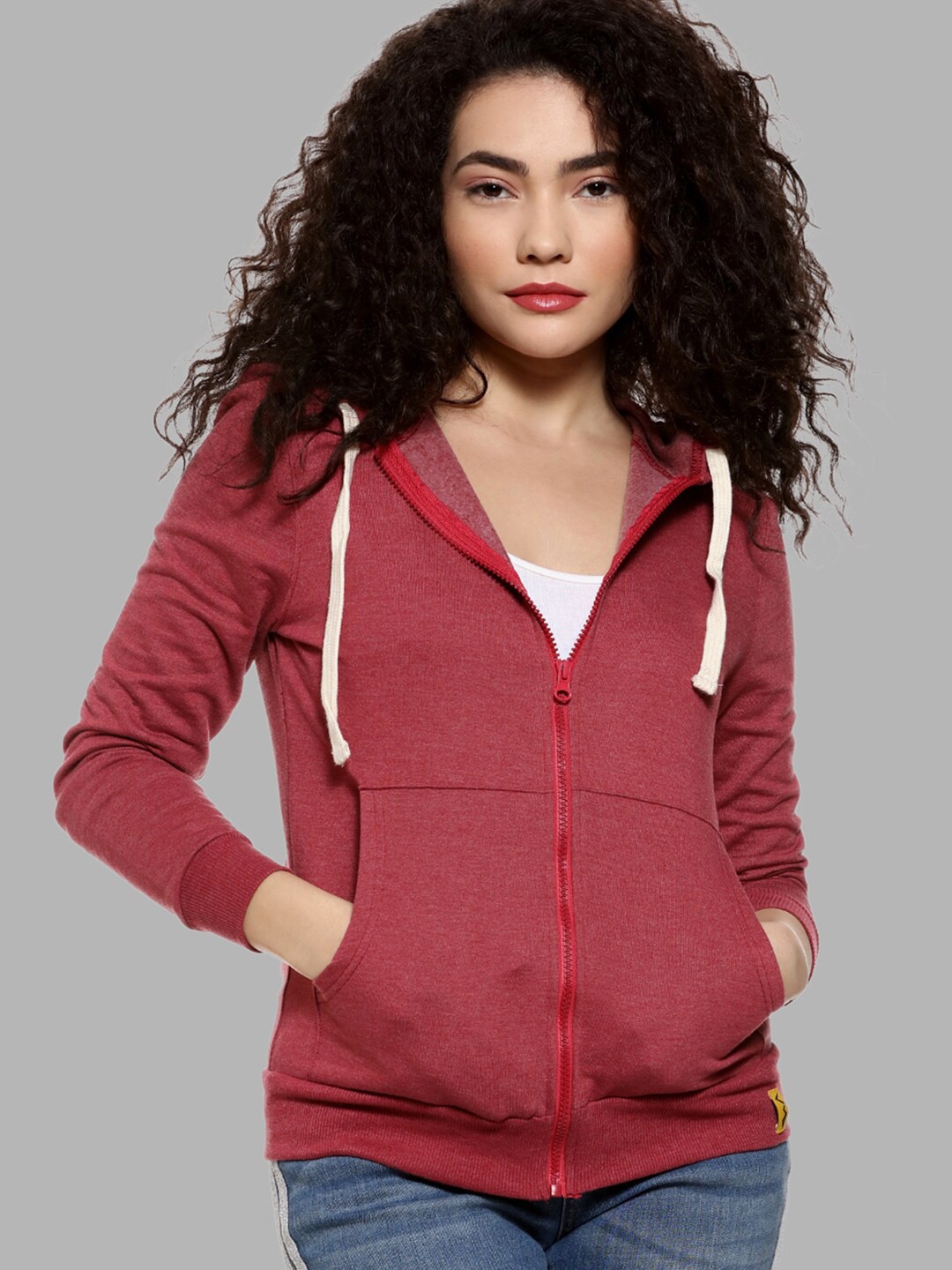 

Campus Sutra Women Maroon Hooded Cotton Sweatshirt