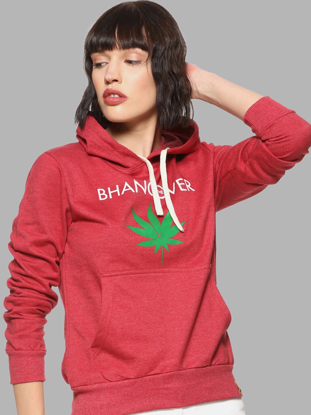 

Campus Sutra Women Maroon Printed Hooded Cotton Sweatshirt