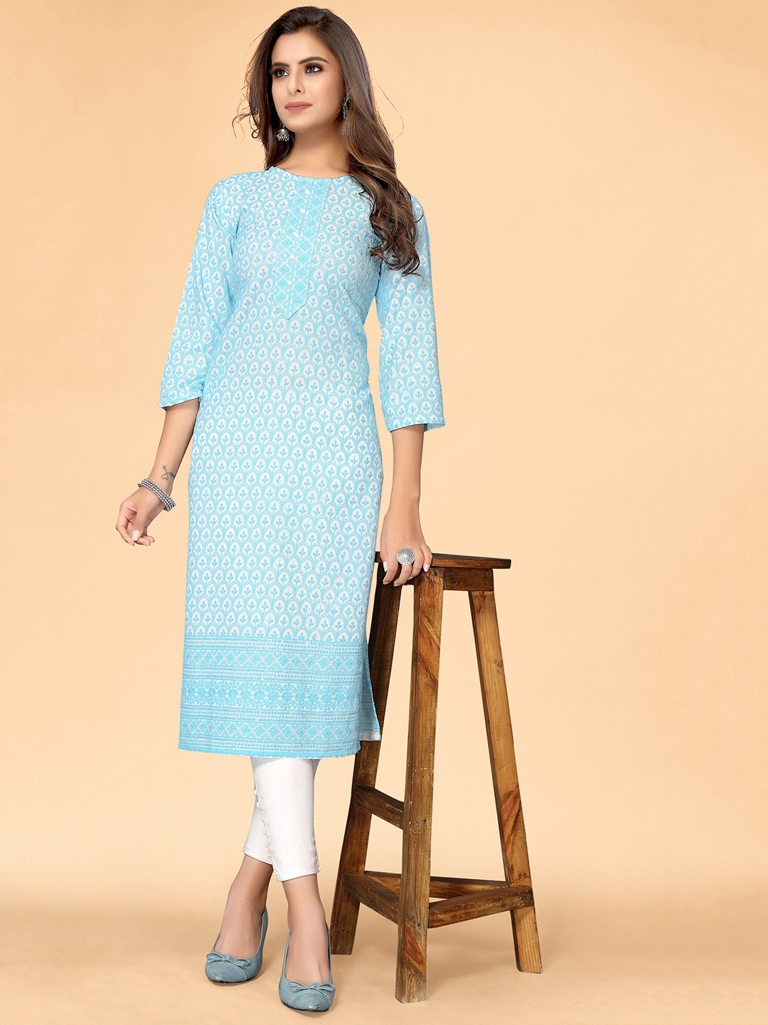 

all about you Women Blue Ethnic Motifs Embroidered Thread Work Straight Kurta