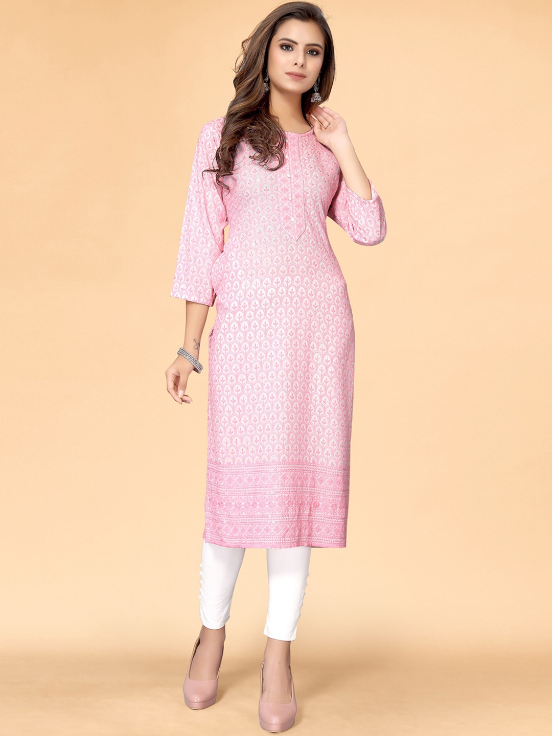 

all about you Women Pink Ethnic Motifs Embroidered Thread Work Kurta