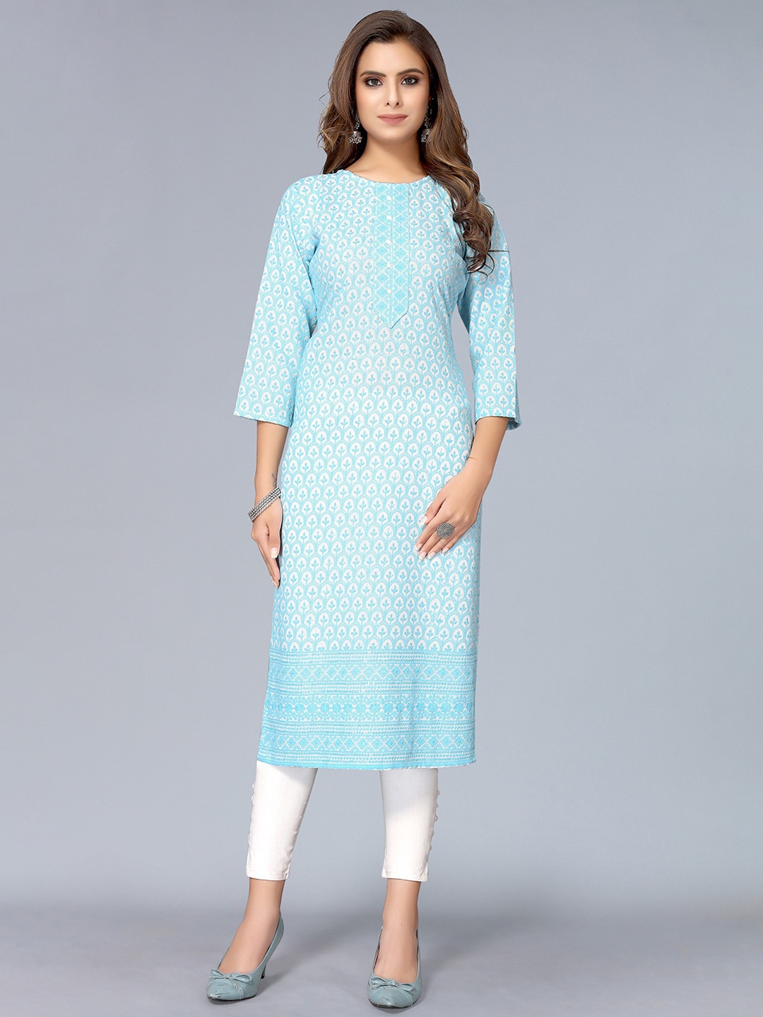 

KALINI Women Blue Ethnic Motifs Embroidered Thread Work Straight Kurta