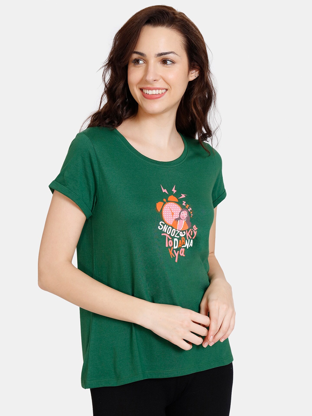 

Zivame Women Green Printed Pure Cotton Loose T-shirt