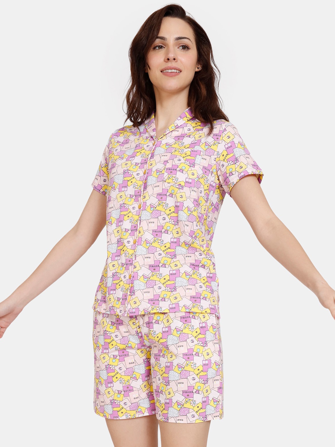

Zivame Women Purple & White Printed Night suit