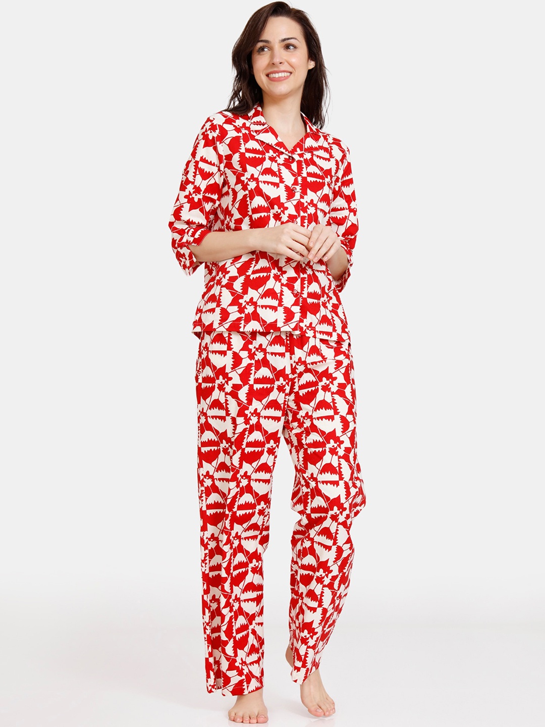 

Zivame Women Red & White Printed Night suit