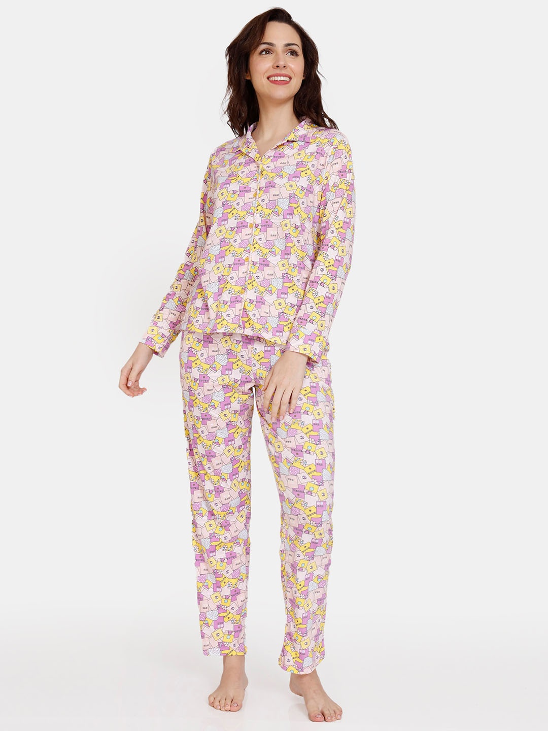 

Zivame Women Purple & Yellow Printed Cotton Night suit