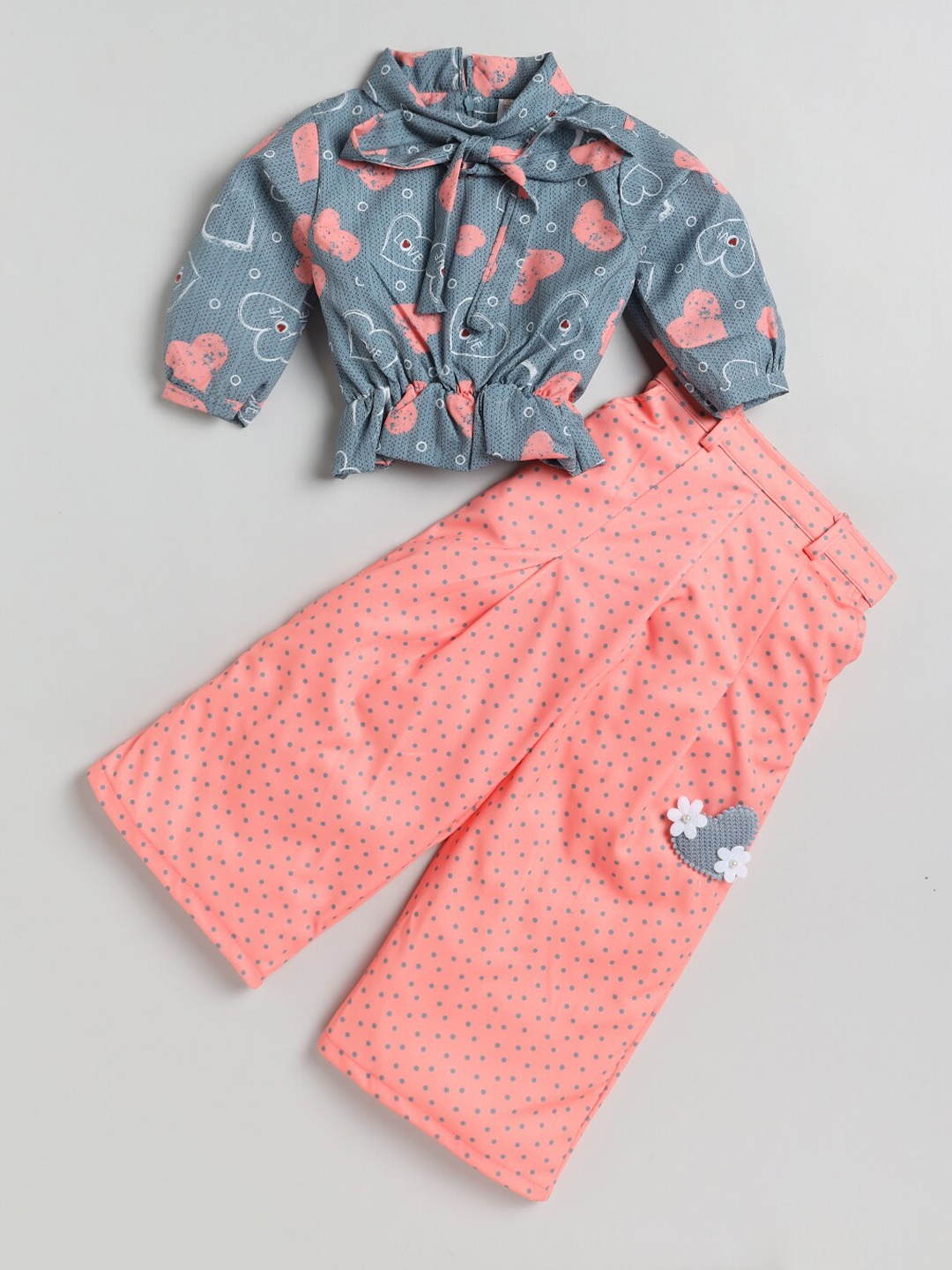 

Nottie Planet Girls Peach-Coloured & Grey Printed Top with Palazzo Set
