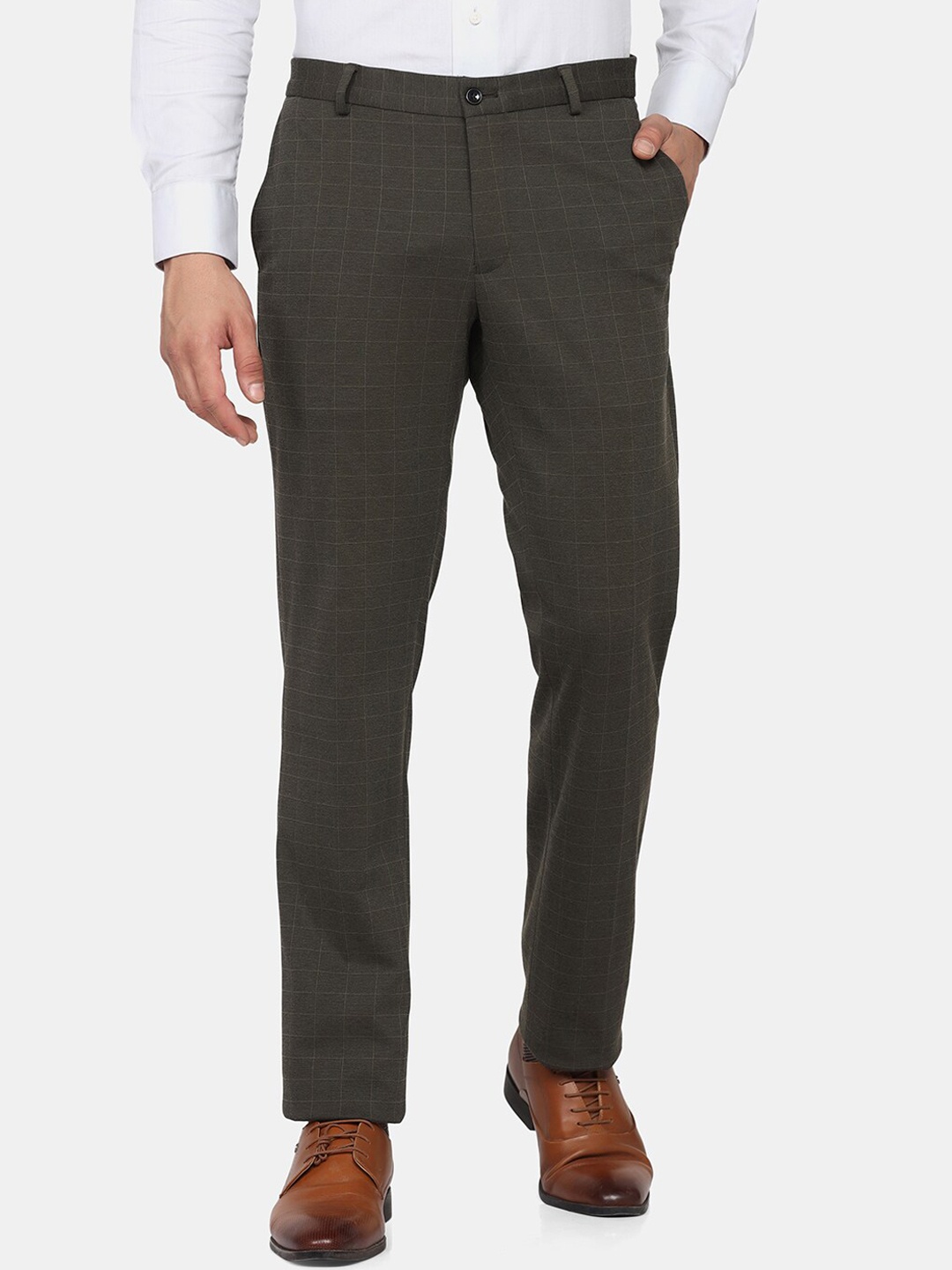 

Blackberrys Men Olive Green Checked Slim Fit Low-Rise Formal Trousers