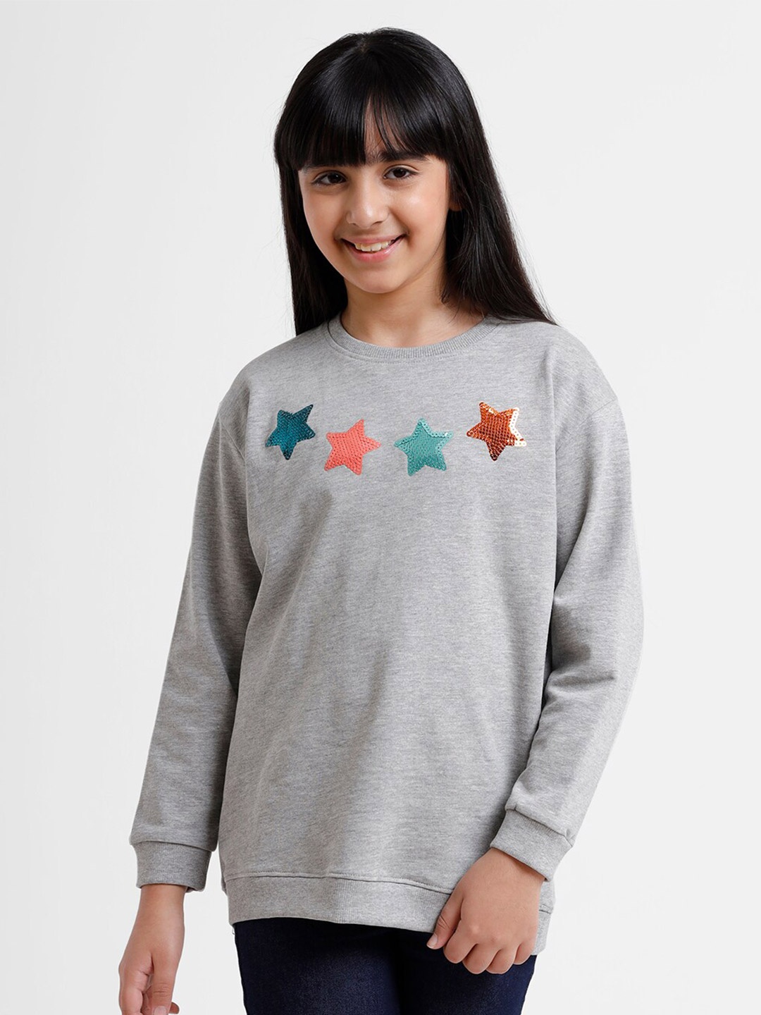 

De Moza Girls Grey Melange Solid Sweatshirt