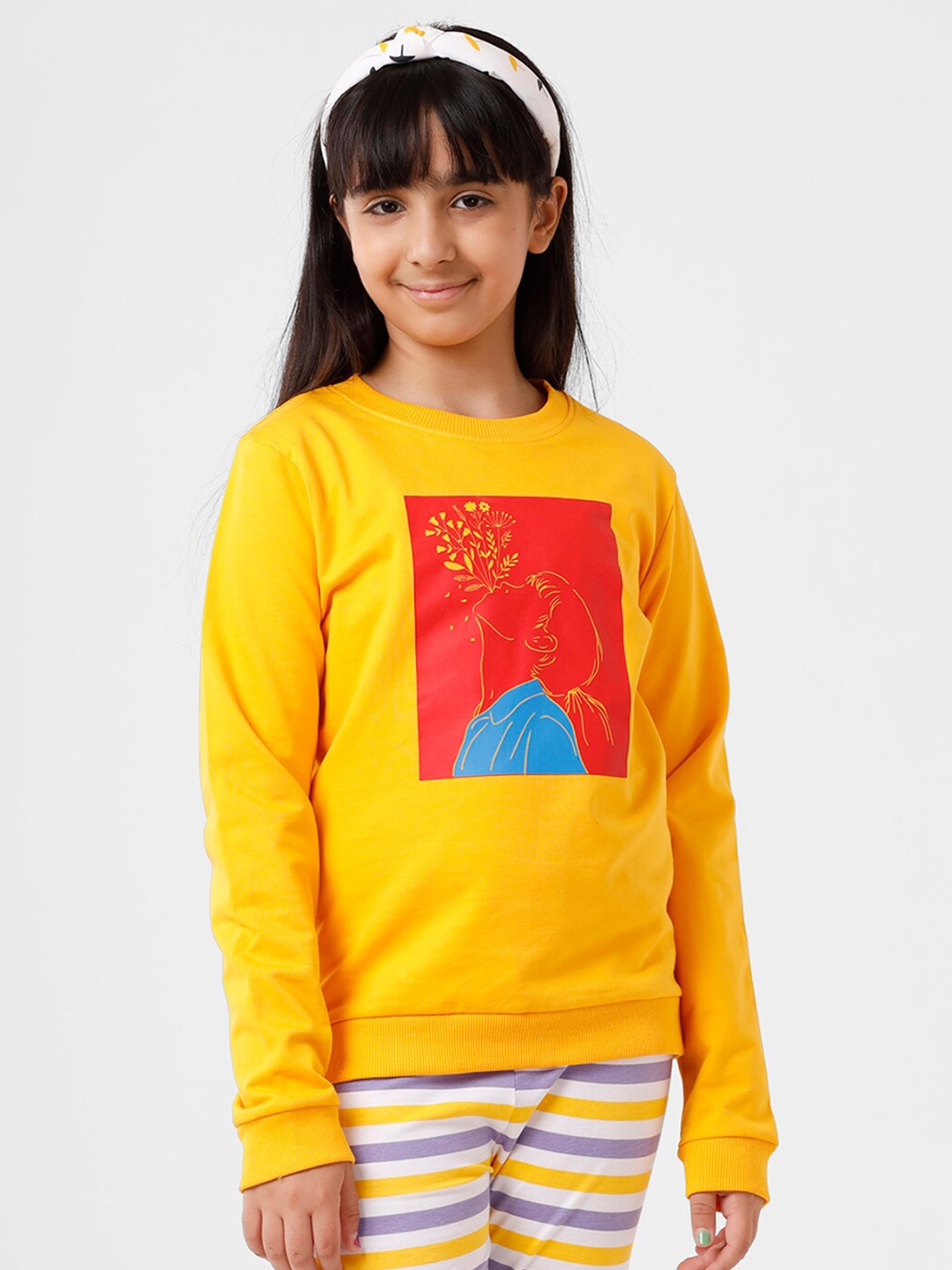 

De Moza Girls Yellow Printed Cotton Long Sleeves Sweatshirt