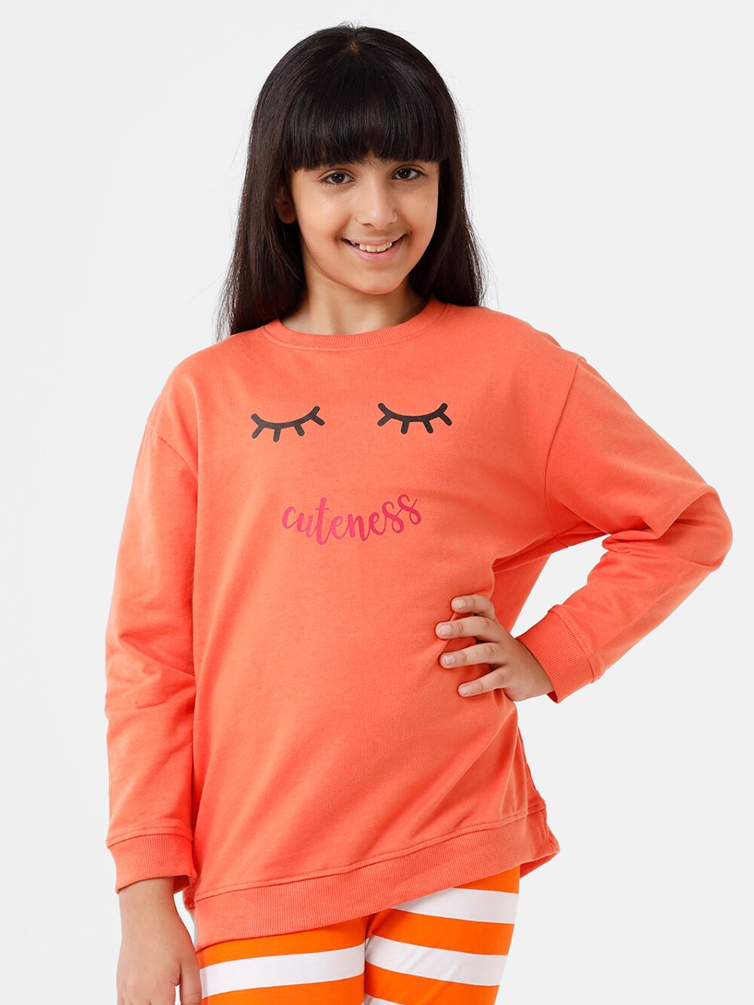 

De Moza Girls Orange Printed Cotton Sweatshirt