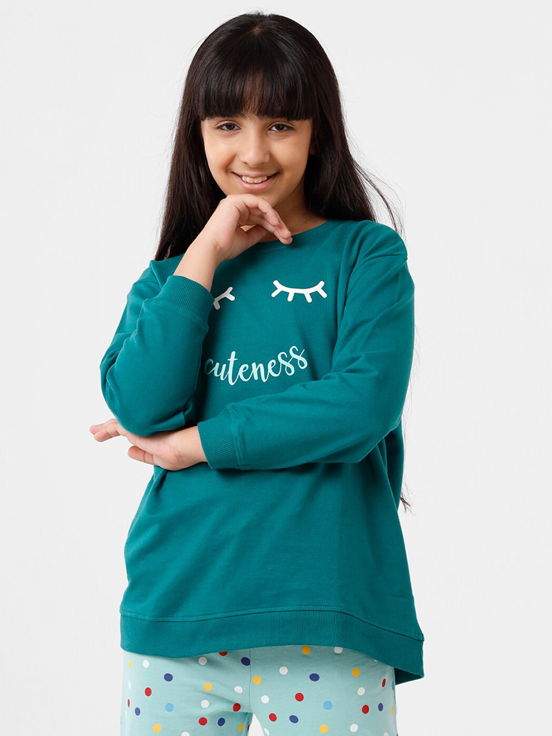 

De Moza Girls Green Typography Printed Cotton Sweatshirt