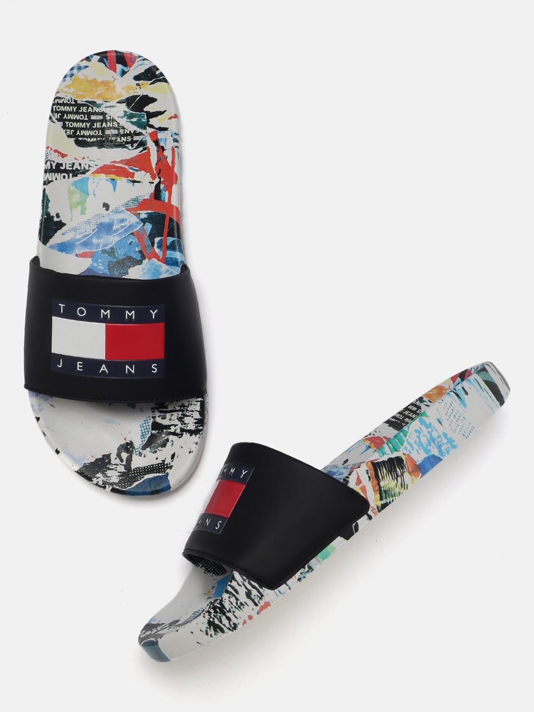 

Tommy Hilfiger Men Black & White Printed Open-Toe Sliders