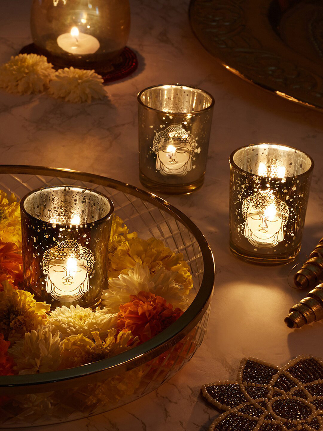 

HomeTown Set Of 3 Pink Printed Glass Candle Holders, Gold